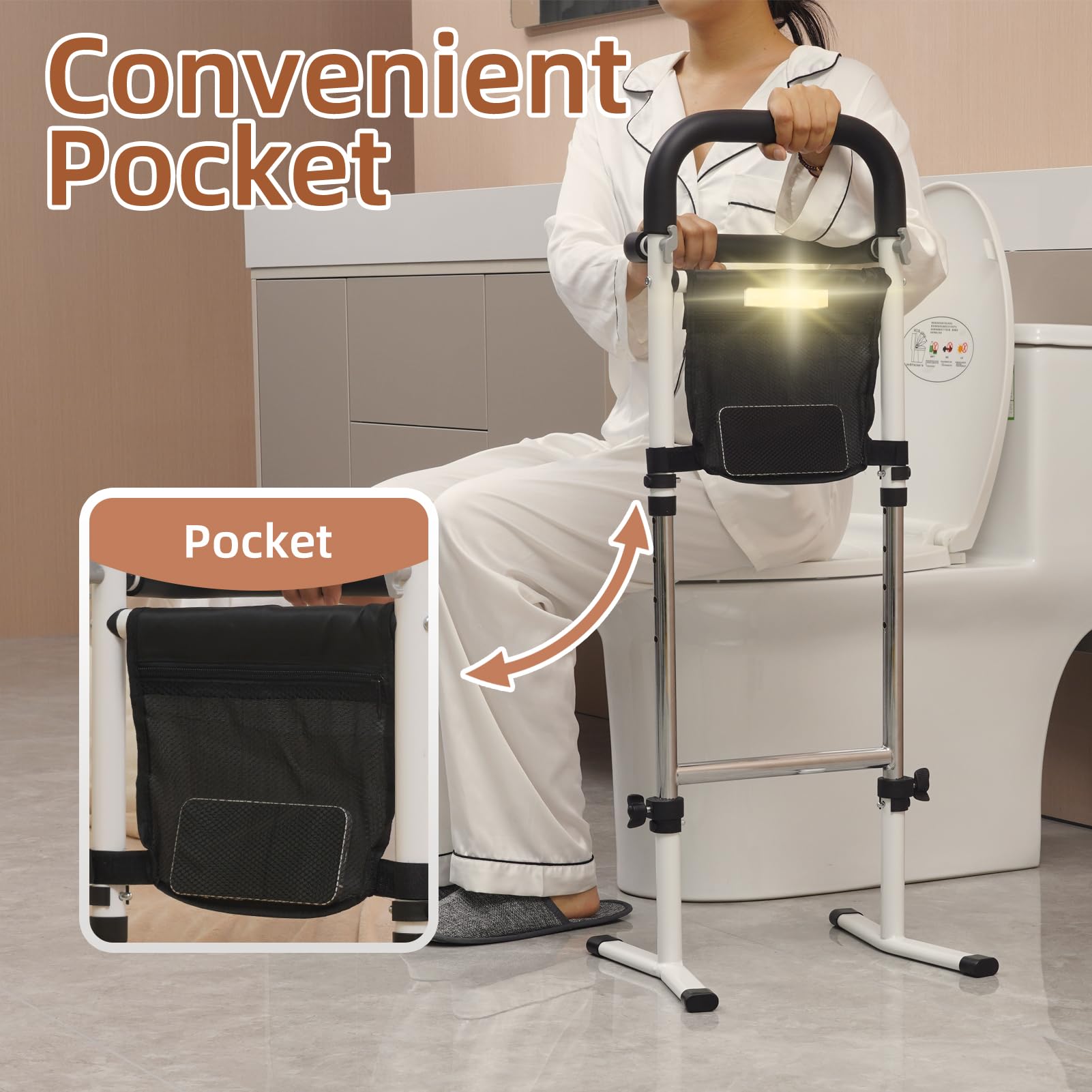 Ayuda para estar de pie y sentado, ayuda estable para estar de pie para personas mayores, 5 niveles ajustables con lámparas y bolsa de almacenamiento, ayuda para la movilidad y el día a día, 136 kg
