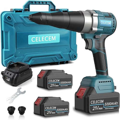 CELECEM Pistola remachadora inalámbrica kit de herramientas remachadora ciega automática de iones de litio de 21 V con 2 baterías de 50 Ah y