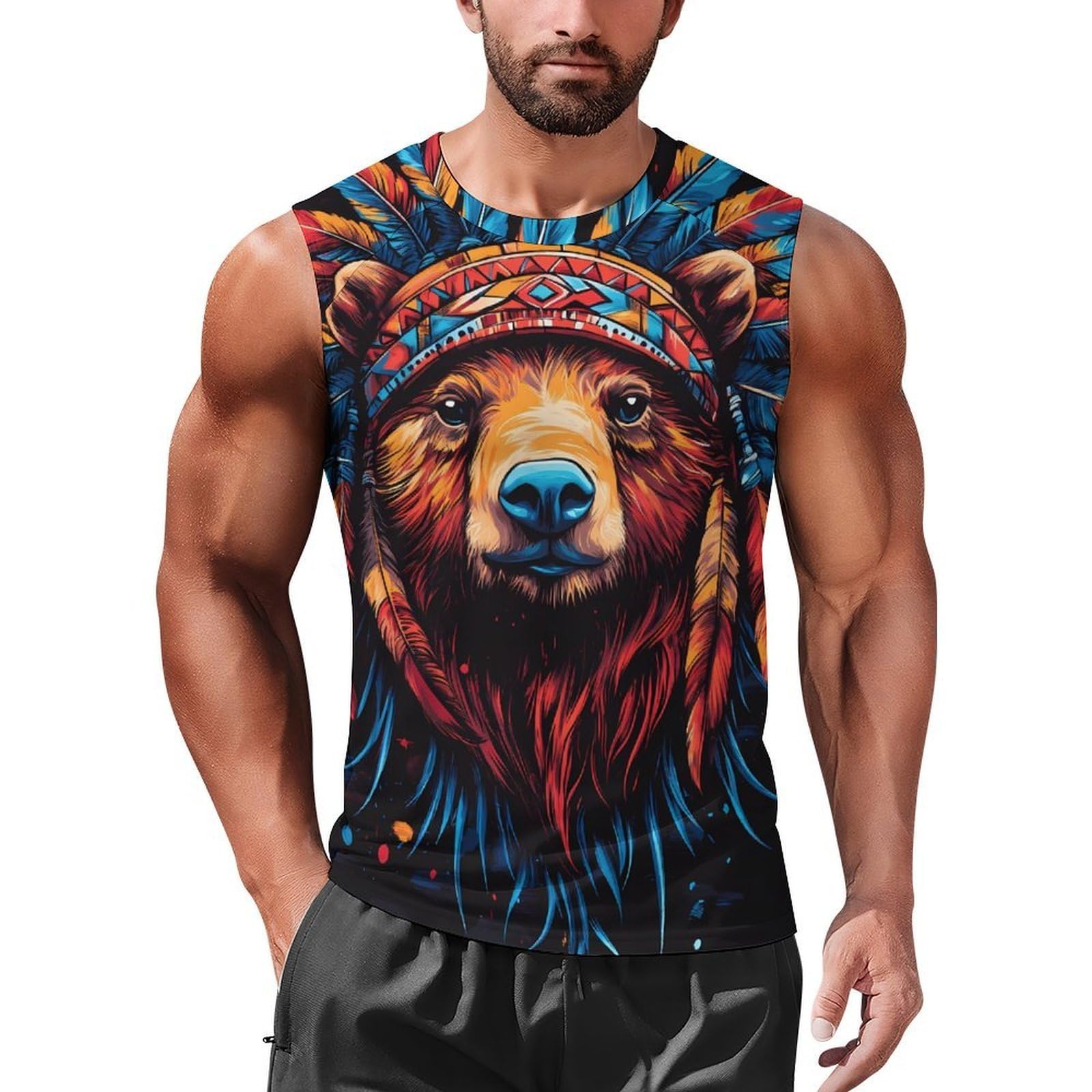 Bear Native Indian Chief Mens Tank Top Vests Tight Muscle Sleeveless Shirts Quick Dry Gym Workout Running Tees