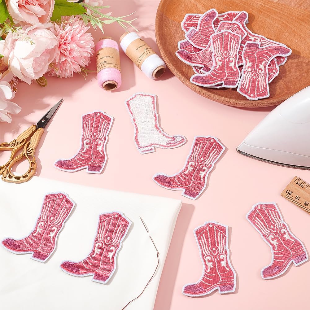 FINGERINSPIRE 16 PCS Cowgirl Boot Patch Pink & White Embroidery Cloth Iron on/Sew on Applique Patches Western Long Appliques for Jeans Coat Bag Hat Shoes Decoration