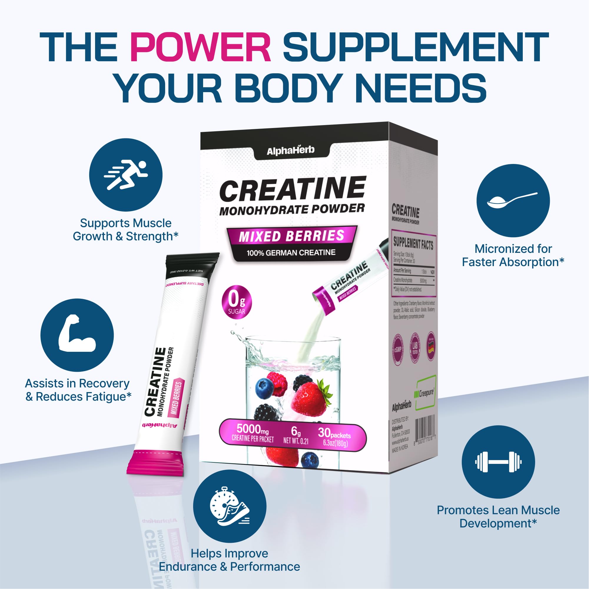 Creatine Monohydrate Packets, 5g Creapure Creatine, 30 Sticks - Mixed Berry — Amazon image 2