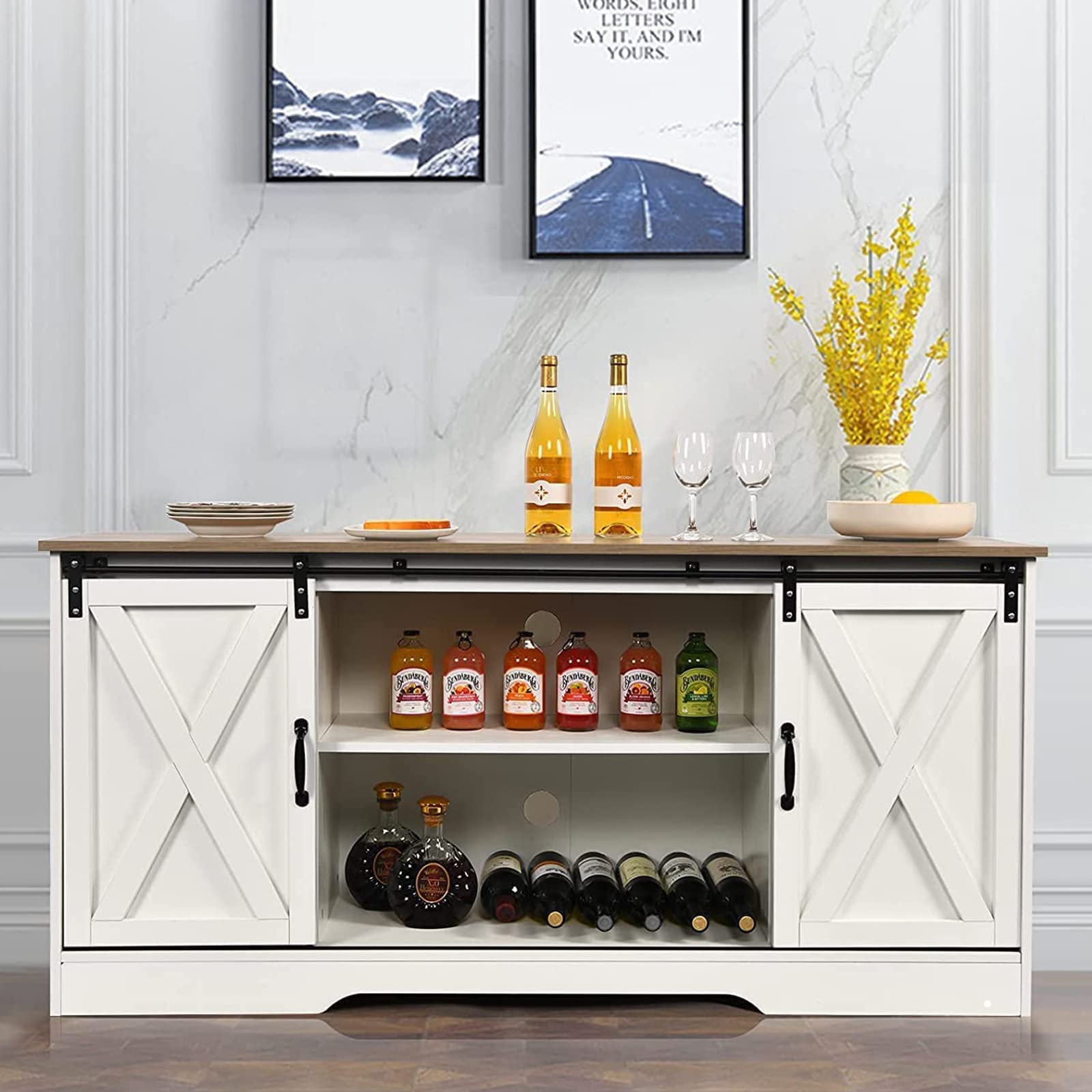 Farmhouse Coffee Bar with Storage, White Sideboard Farmhouse Buffet with 60 Inch