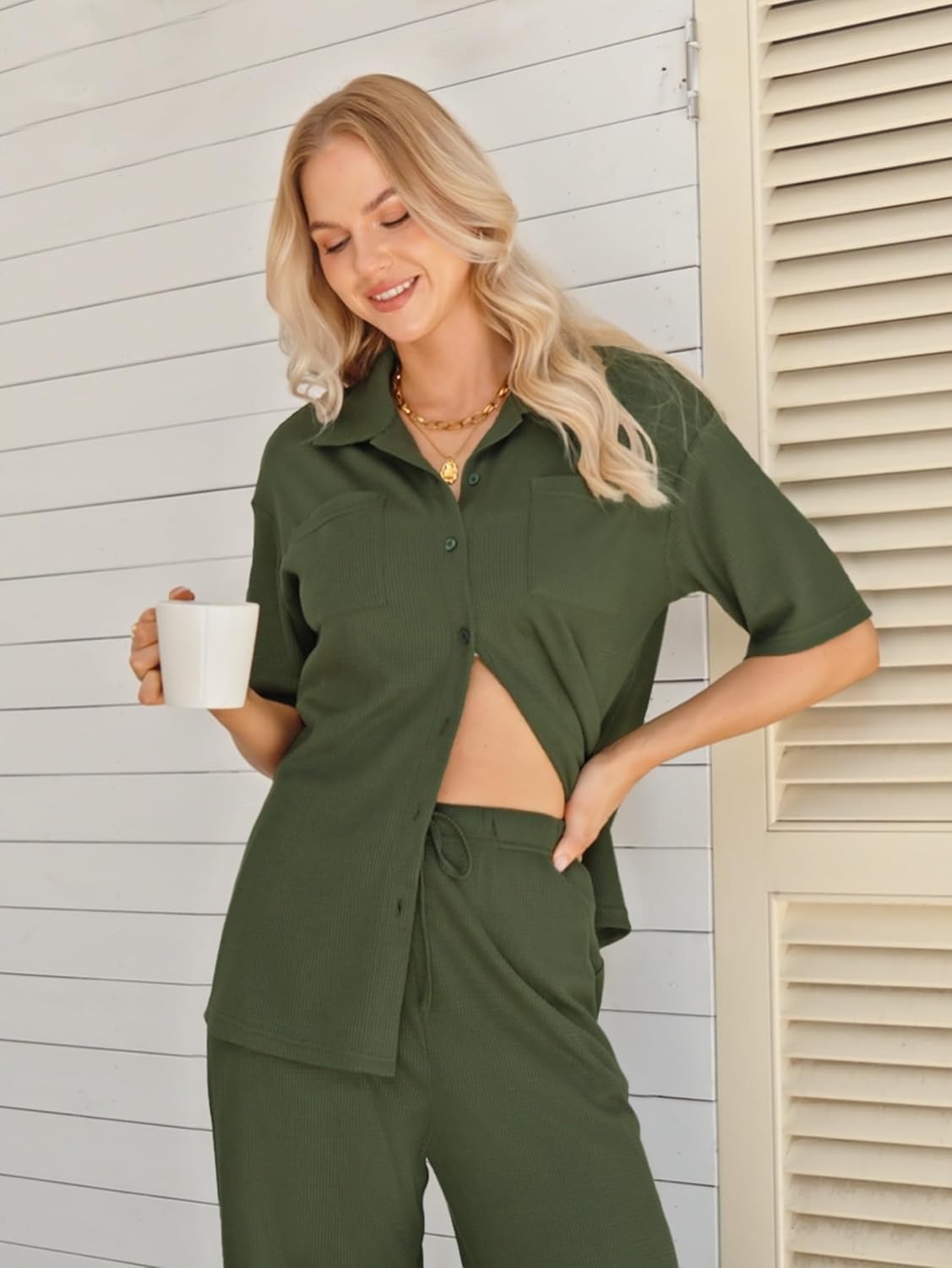 Kikibell Womens Pajama Sets 2 Piece Outfits Lounge Pjs Waffle Knit Sleepwear Button Down Shirts Wide Leg Pants with Pockets - Image 7