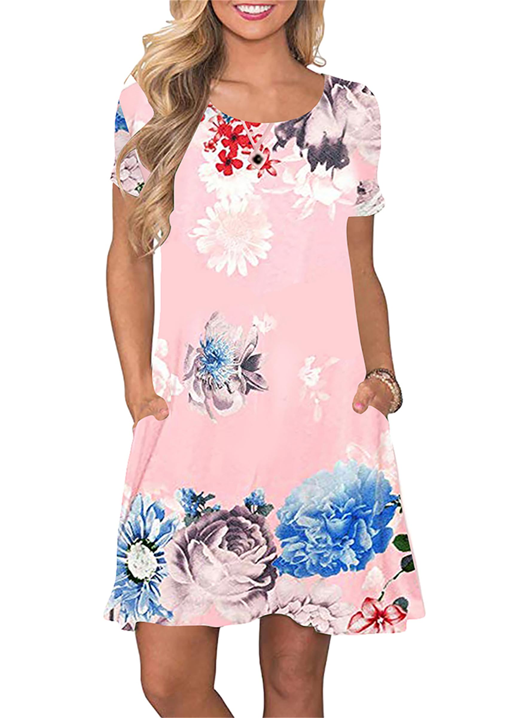 TYQQU Women's Casual Summer Floral Print Tee Shirt Flowy Comfy Dresses Short Sleeve Swing Sundress with Pockets