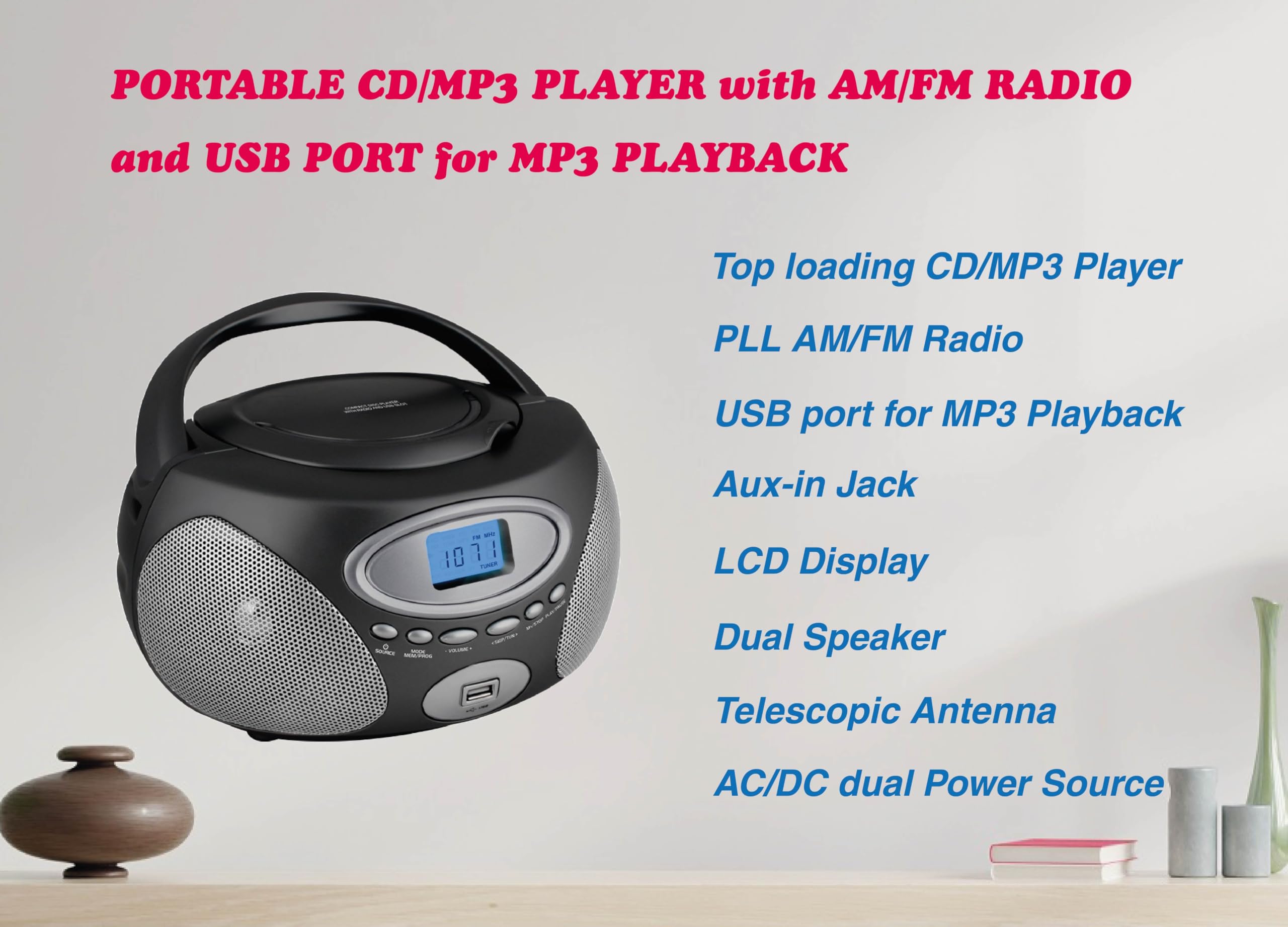 HANNLOMAX HX-311CD Portable CD/MP3 Boombox, PLL AM/FM Radio, USB Port for MP3 Playback, Aux-in, LCD Display, AC/DC Power Source (Grey)