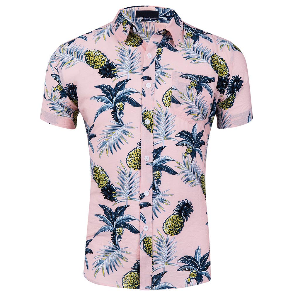 CATERTO Men's Short Sleeve Standard-Fit 100% Cotton Button Down Casual Pineapple Hawaiian Shirt