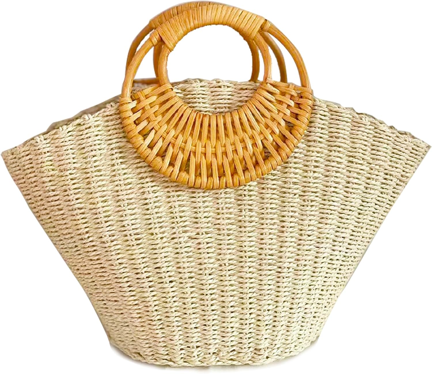 QZUnique Hand-woven Straw Bag Women Summer Beach Handbag Purse Retro Rattan Tote Clutch Travel Bag with Wood Round Top Handle