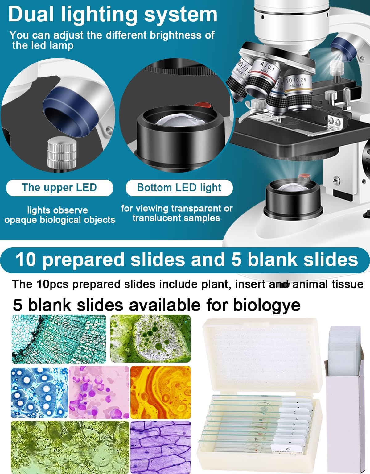 Microscopio trinocular de aumento 40X-5000X, microscopio para adultos, grado de laboratorio con doble etapa mecánica y microscopio de cámara USB HD