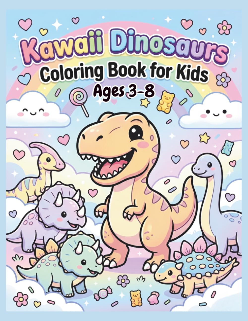 Kawaii Dinosaurs Coloring Book for Kids: 38 Cute and Easy Dinosaur Coloring Pages for Kids Ages 3–8