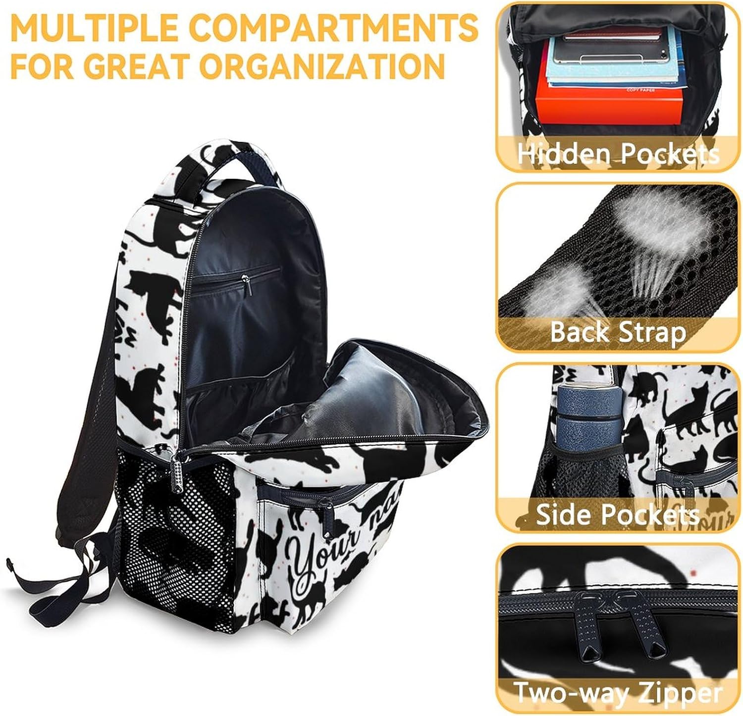 Personalized Cat Backpack for Girls Boys, 16 Inch Cat Theme Bookbag with Adjustable Straps, Durable, Lightweight, School Bag with Large Capacity