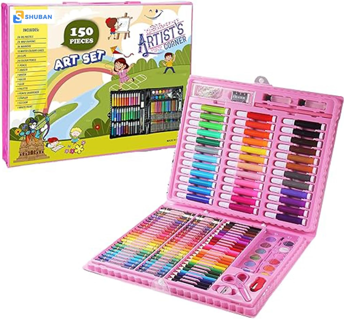 Plastic Deluxe Art Set Box & Drawing Kit with Crayons, Oil Pastels, Colored Pencil Best Rakhi Gift (150Pcs -Pink)