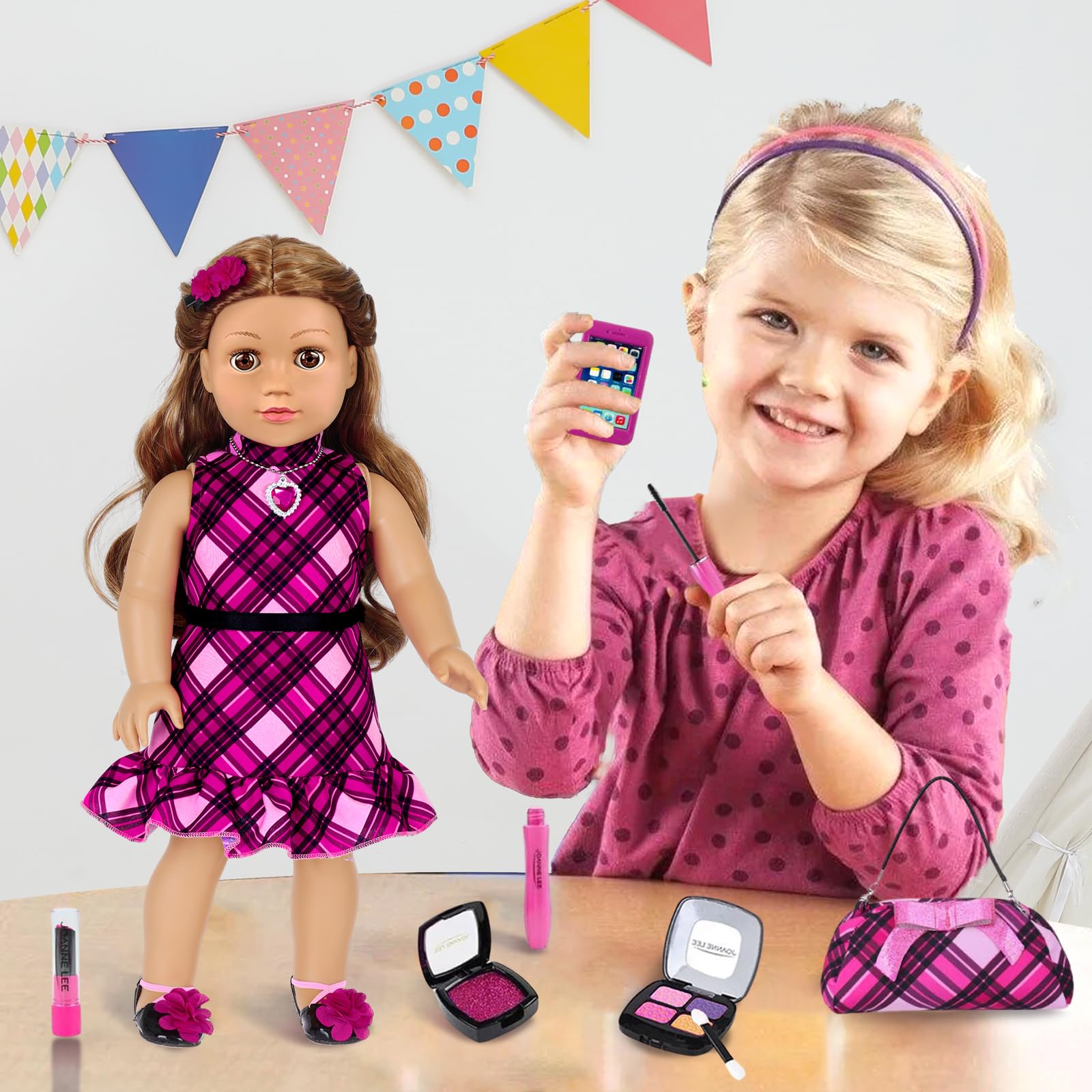 Muñecas americanas de 18 pulgadas, accesorios y ropa de maquillaje, bolsa de vestir de moda para muñecas de 18 pulgadas, incluye trajes, zapatos, juguetes cosméticos, regalo para bebé niña (sin muñeca 7