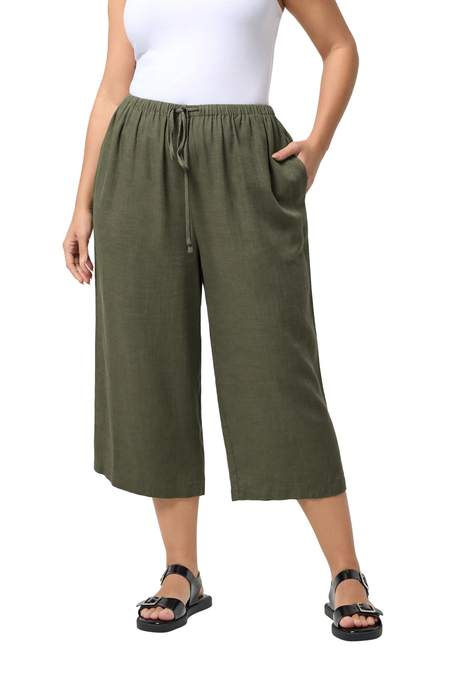 Yours Women's Dark Olive Cropped Linen Trousers In Size 26-28