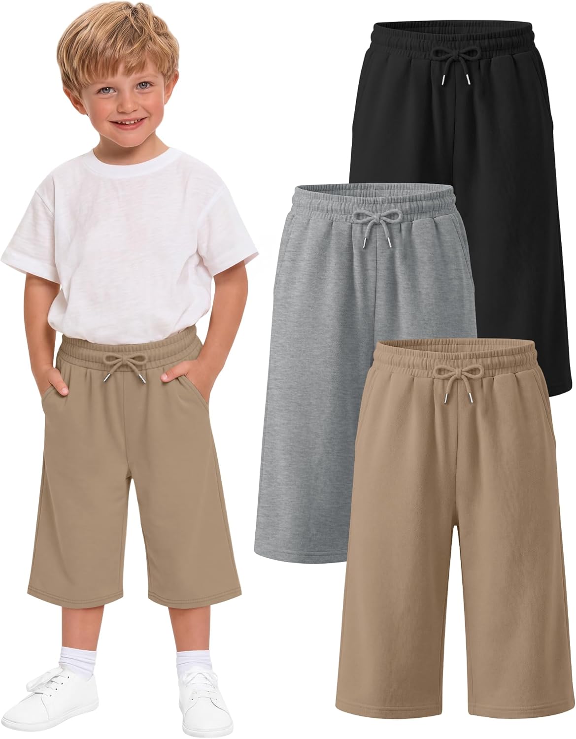 3 Pack Toddler Boys Capri Pants Loose Wide Leg Cropped Pants Kids Drawstring Sweatpants with Pockets 18M-6Y