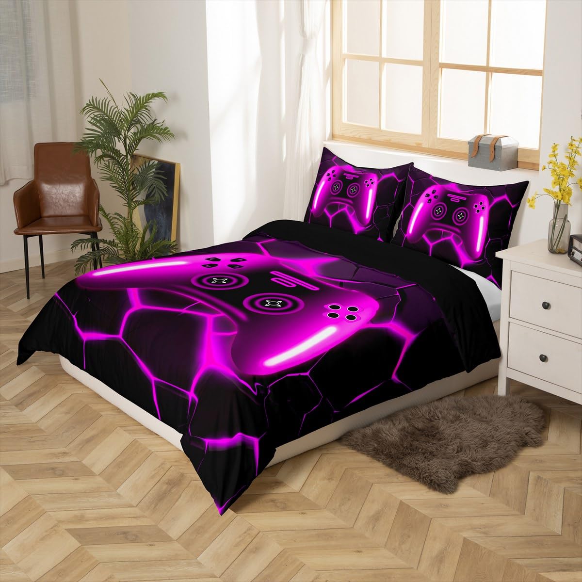 Homewish Boys Gaming Single Duvet Cover Set Kids Purple Gamer Bedding Abstract Geometric Honeycomb Quilt Cover with 1 Pillowcase - Image 2