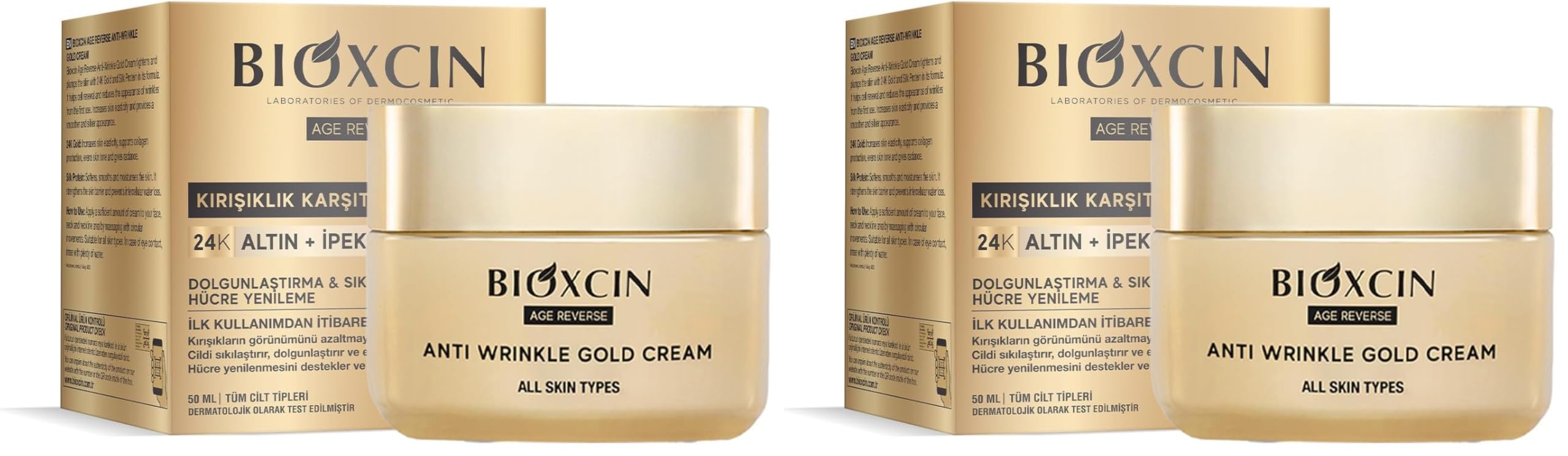 Bioxcin Age Reverse Kırışıklık Karşıtı Altın Krem 50 ml – 24K Altın, İpek Proteini, Pantenol ve Zeytinyağı İçerikli – Cilt Sıkılaştırıcı ve Nemlendirici (2 paketi)