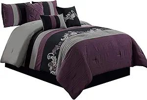 Chezmoi Collection Napa 7-Piece Luxury Leaves Scroll Embroidery Bedding Comforter Set (King, Purple/Black/Gray)