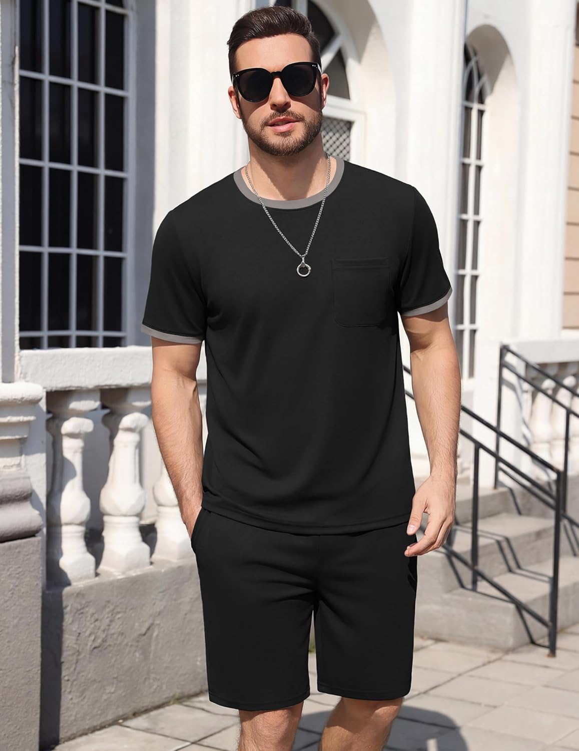 Ekouaer Mens Pajamas Sets Shorts Soft Short Sleeve Pjs Moisture Wicking Summer Sleepwear Casual Lounge Sets with Pockets - Image 6