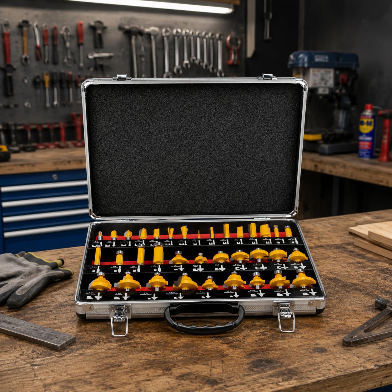Topolenashop Set 35 Frese per Legno con Codolo 8 mm – Kit Frese per Fresatrice Verticale, Rifilatore e Router, Frese Professionali per MDF, Compensato, Legno Duro e Morbido con Valigetta | 610103