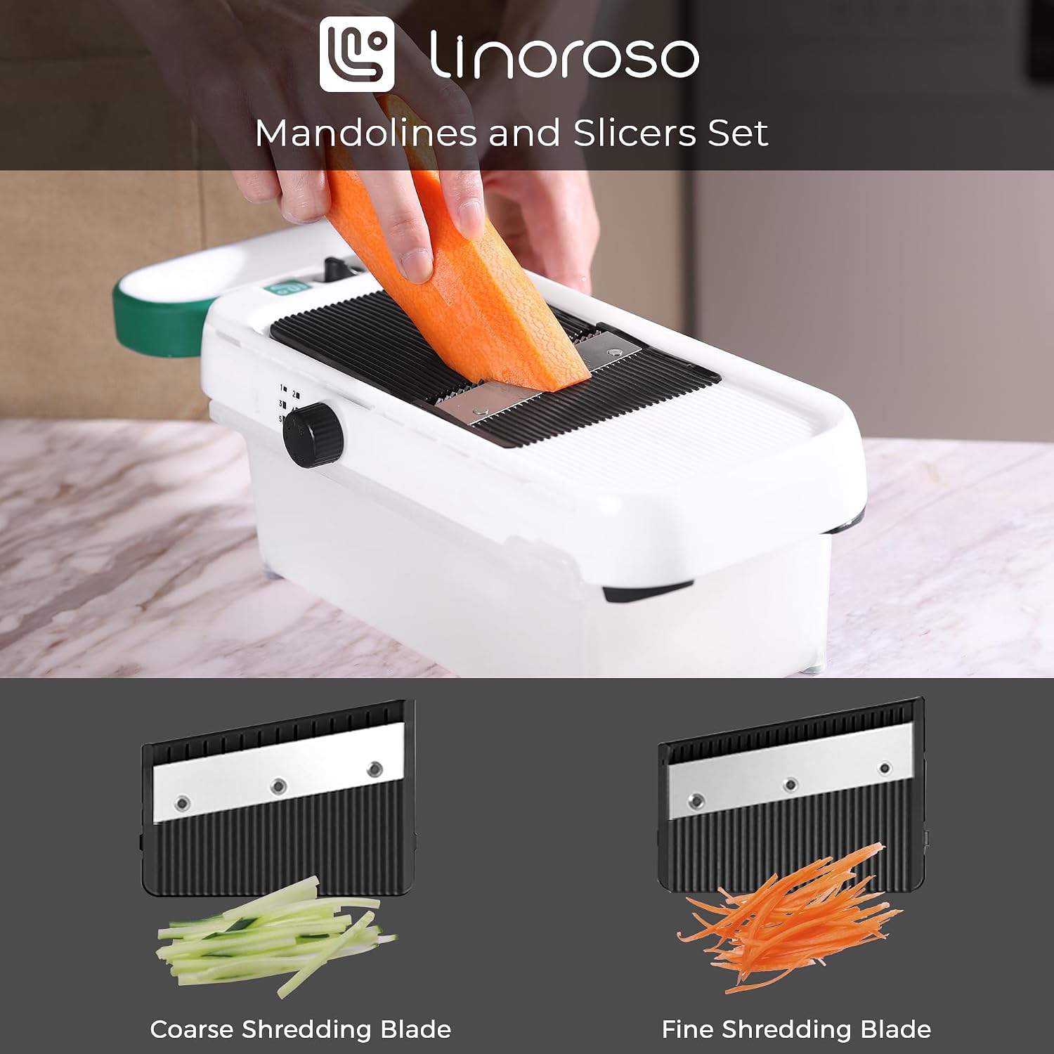 linoroso Adjustable Mandoline Food Slicer 5 in 1, Mandoline Slicer for Kitchen with Container, Vegetable Chopper Shredder Wave Cutter for Potato, Carrot, Zucchini, Grindder for Cheese Lemon