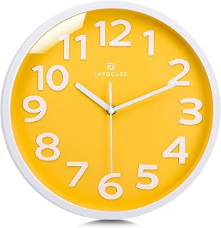 Lafocuse 12 Inch Modern Analog Yellow Wall Clock for Kids Room Boys Girls | Easy to Read 3D Large Numbers, Battery Operated, Silent Non Ticking, Accurate,for Teen Kids Bedroom Kitchen Living Room Decor