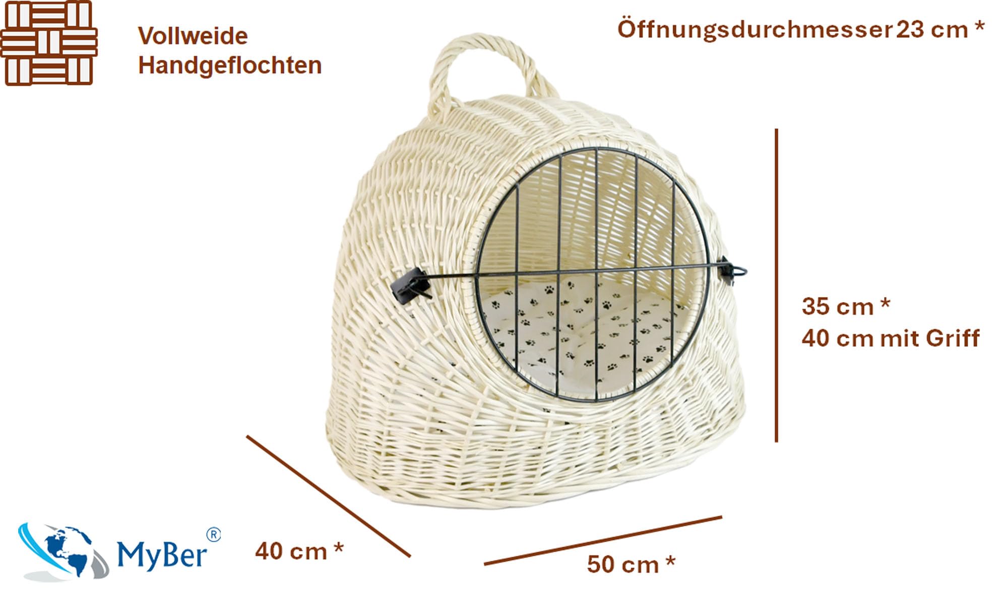 Haustierbett Transportbox Katzen Korbhöhle Katzenhöhle Katzenkorb Hundekorb aus Weide mit Verschluß und Kissen geflochten K5-583-W-SWSP