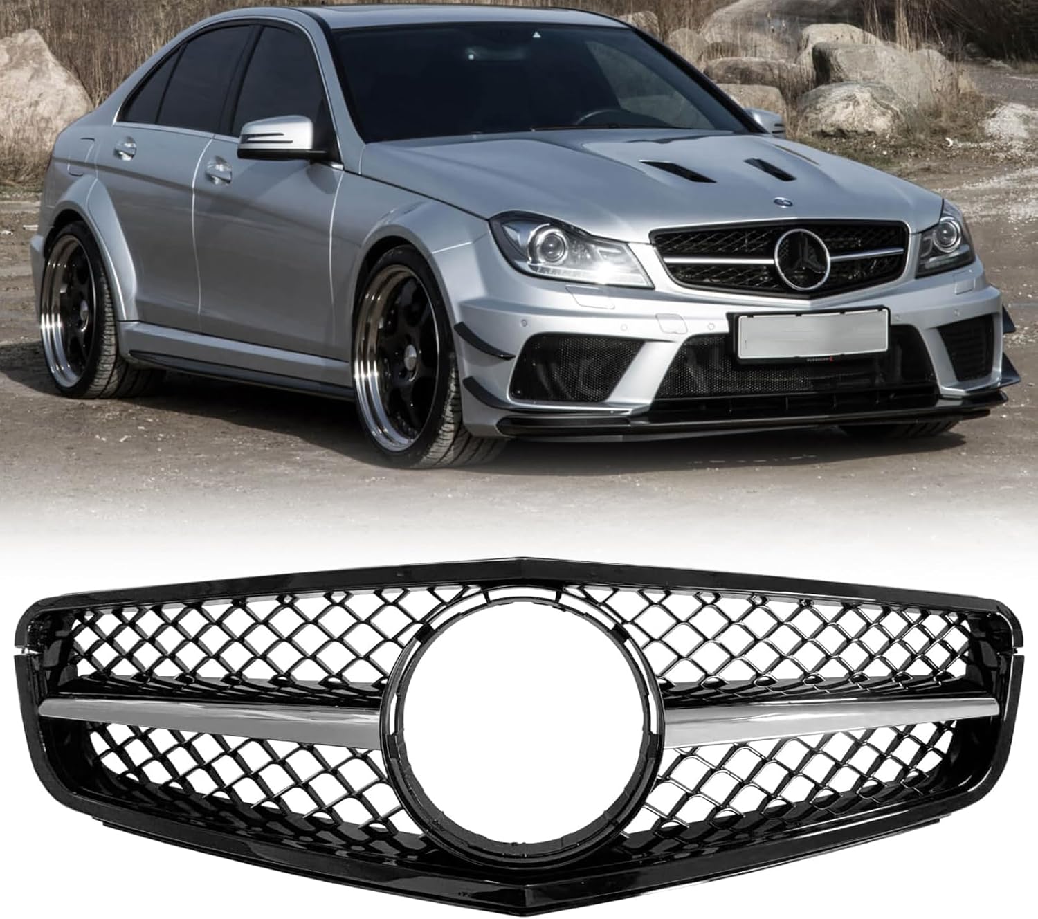 AMG Style Front Bumper Grille For Mercedes Benz W204 C Class Grill C180 C200 C230 C250 C300 C350 2007-2014 (7 AMG Glossy Black)