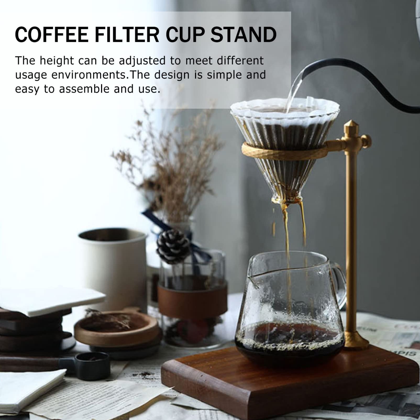 Uonlytech Soporte Ajustable Base Estable y Diseño Antideslizante Madera Maciza y Aleación de Aluminio, para Gotero de Café, para Filtro de Café