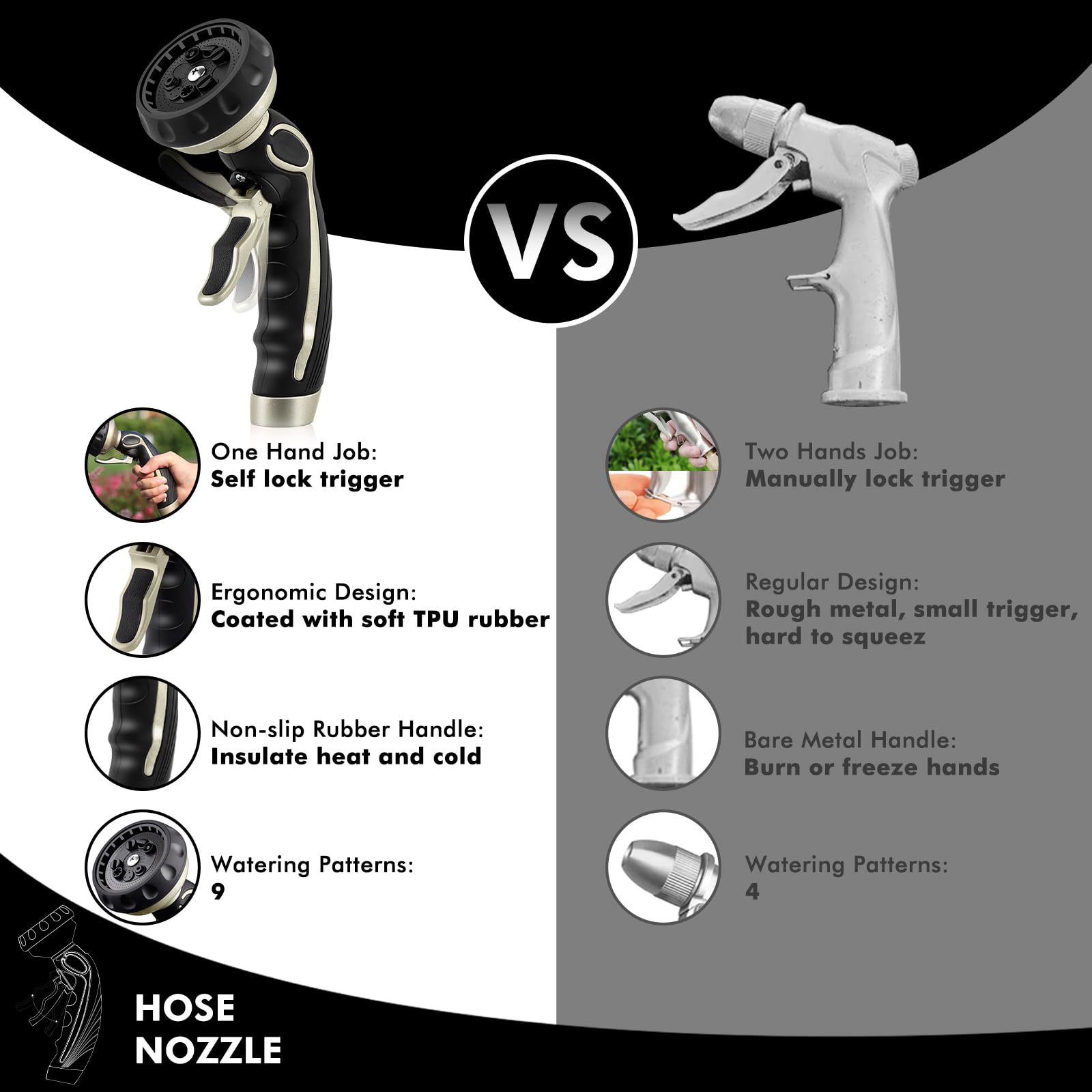 RESTMO Buse de tuyau avec déclencheur autobloquant facile, pulvérisateur de tuyau d'arrosage en métal robuste avec 9 modes de pulvérisation et valve marche/arrêt, idéal pour arroser la pelouse et le