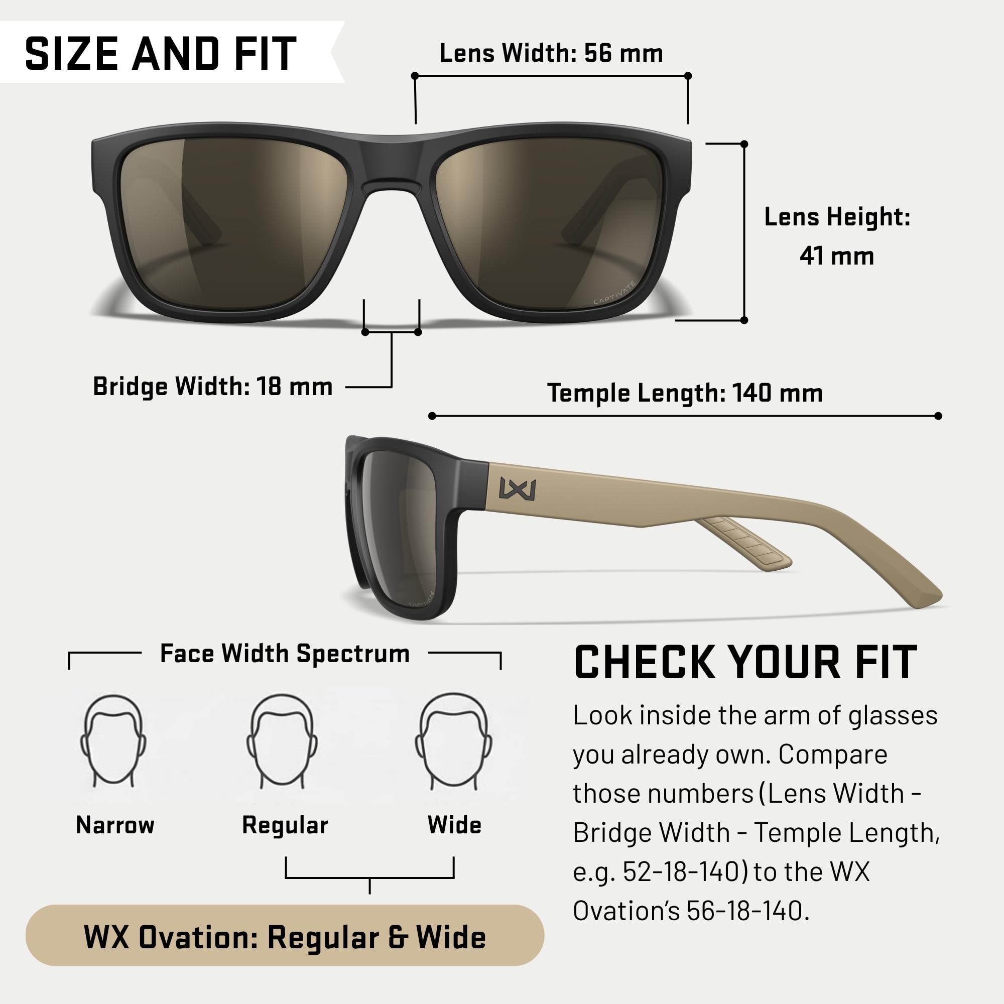 Wiley X Ovation Captivate - Gafas de sol de seguridad para hombres y mujeres, protección ocular UV para tiro, pesca, ciclismo y deportes extremos, marcos negro mate y bronceado, lentes tintados de
