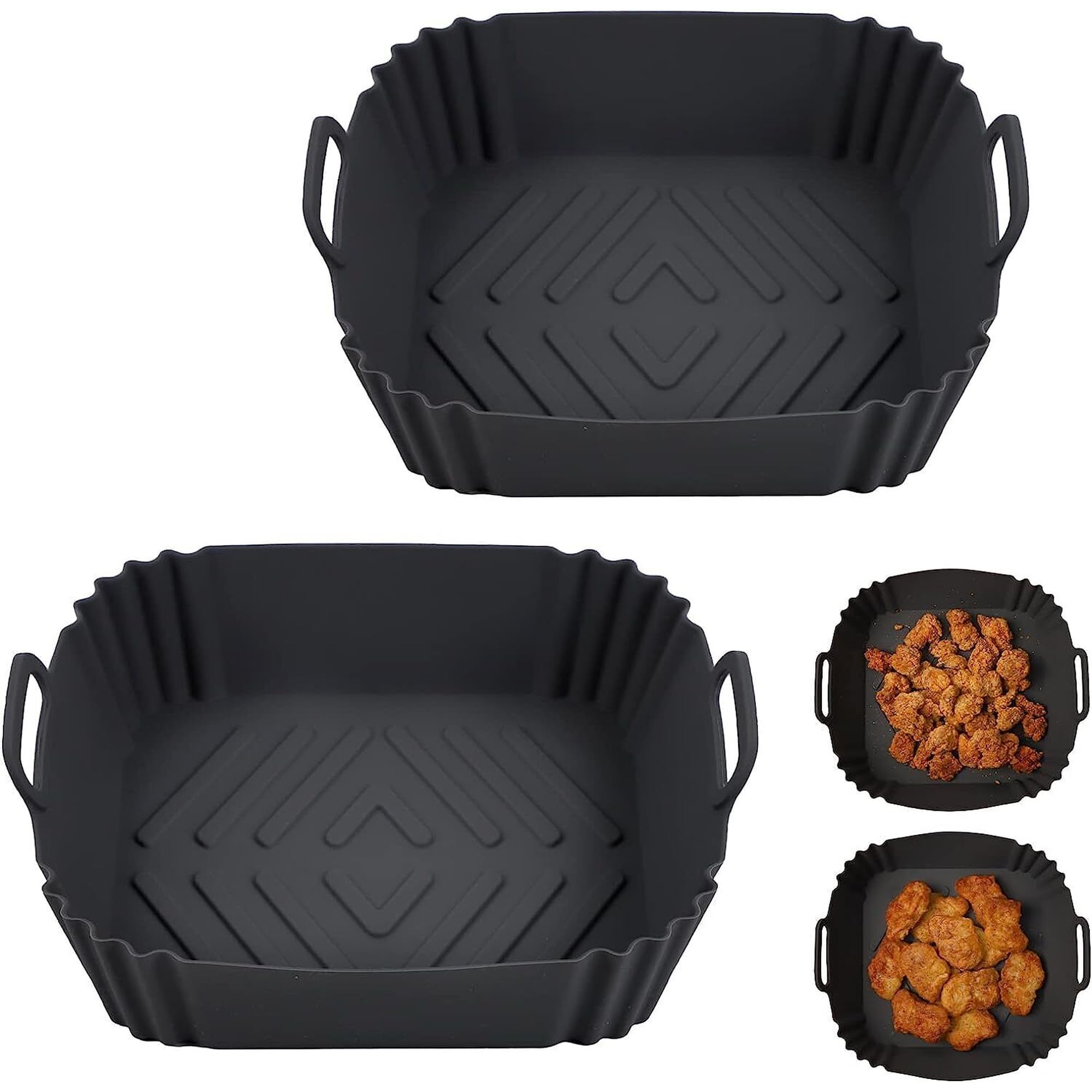 Black Silicone Air Fryer Liners 16.5cm – Reusable Food-Grade Square Baking Tray with Handles | Heat Resistant, Non-Stick, Dishwasher Safe for Air Fryers, Microwave & Oven (2)