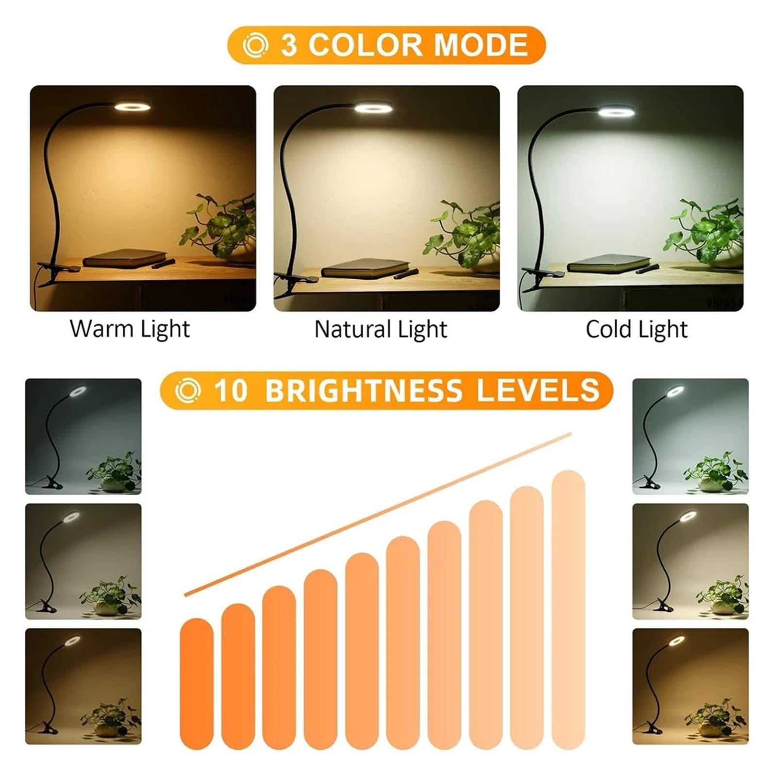 Lámpara con clip flexible de 48 LED, 360°, 3 niveles de brillo, USB