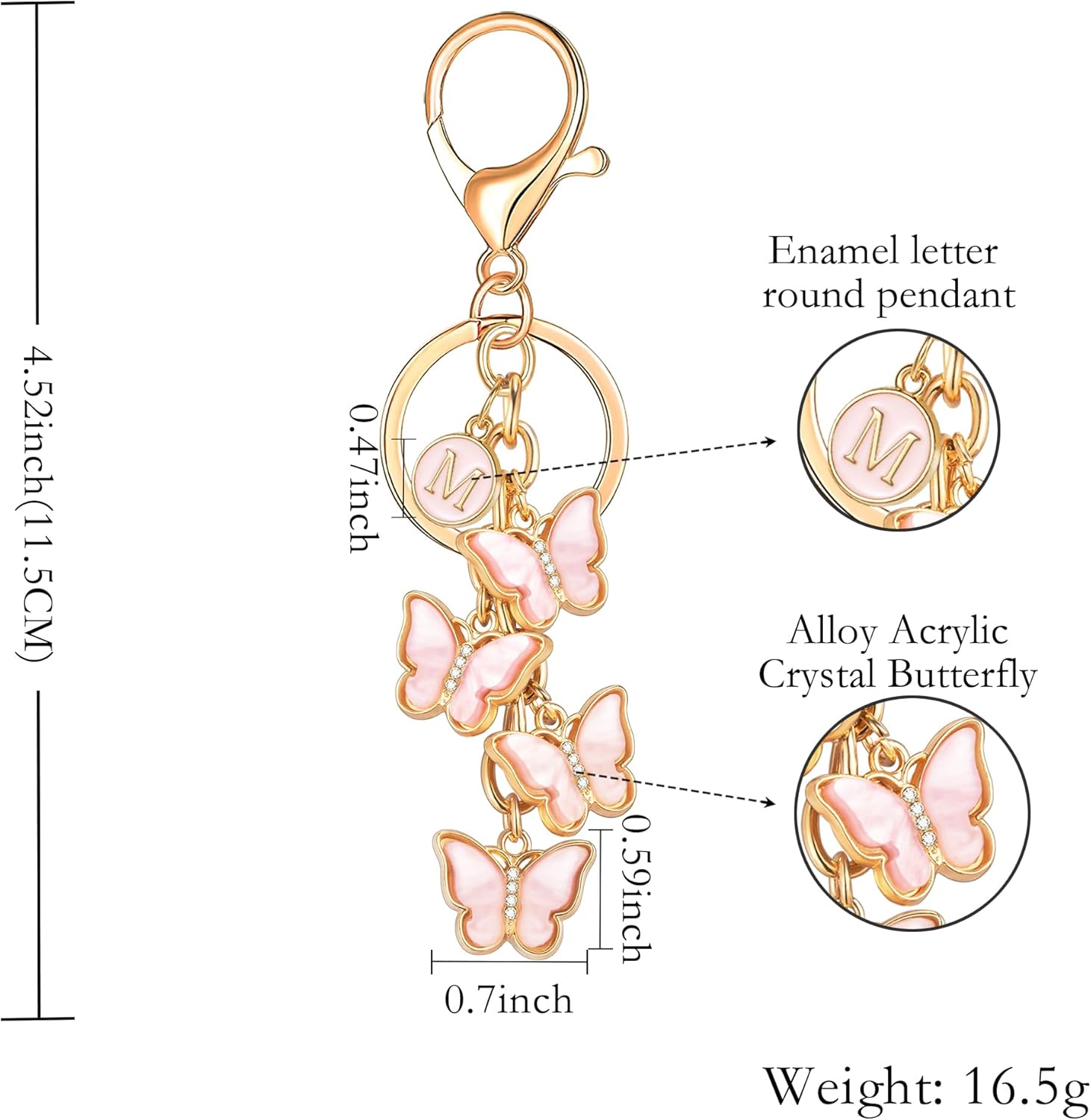 XGALBLA White Pink Black Cute Butterfly Initial Letter Keychain for Women, Butterfly Bag Charms Keyring for Handbags Backpack - Image 2