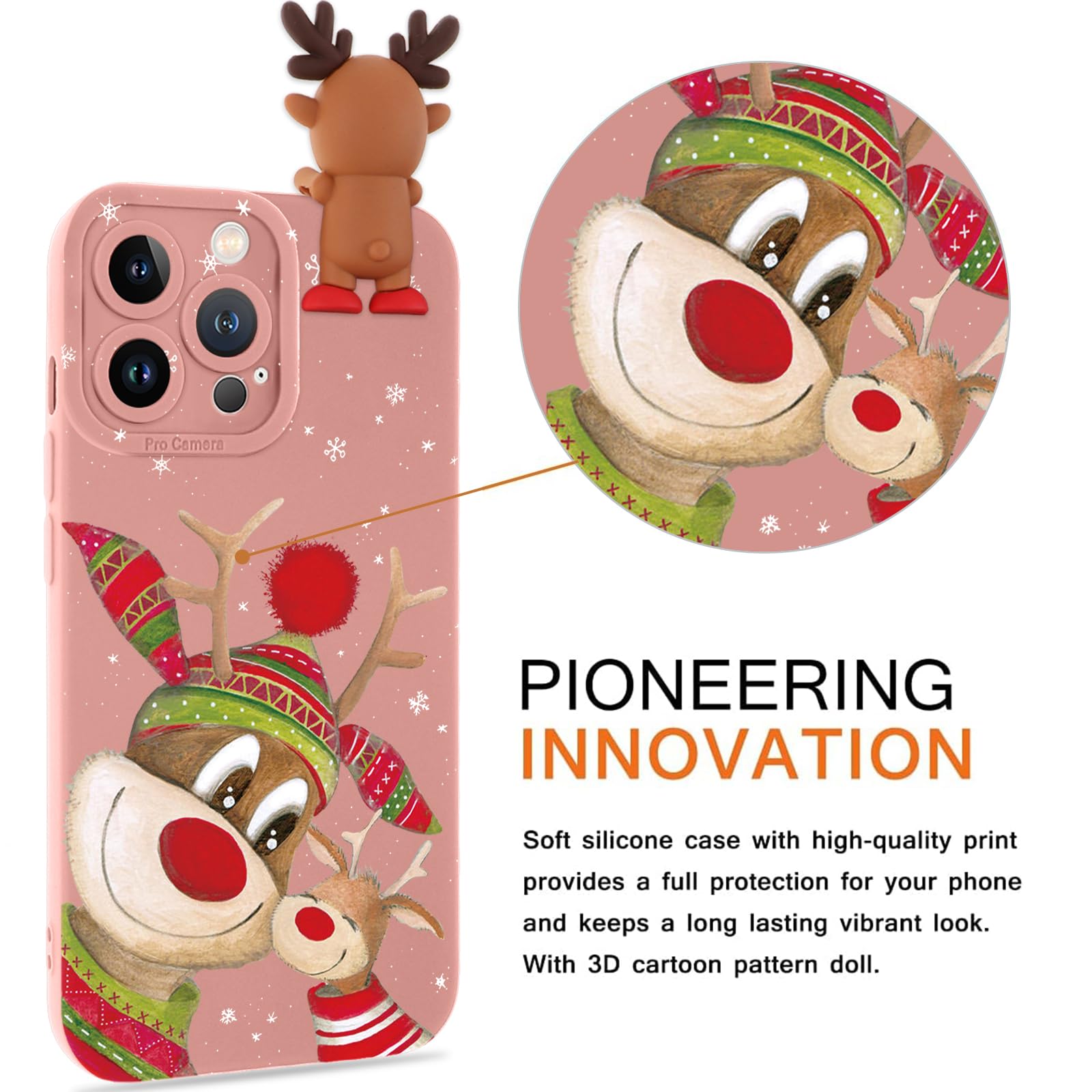 Pnakqil Cover Natale per Apple iPhone 14 Pro Max 6.7, Natalizia Custodia Silicone Morbido TPU Custodia con Carino Cartoon 3D Alce Christmas Natalizie Protettiva Case Natalizio,15