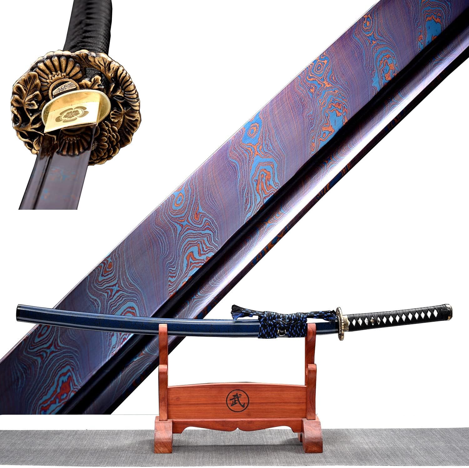 Handmade Damascus Folded Steel Japanese Katana Combat Ready Samurai Sword Full Tang Blade Sharp Can Cut Bamboo Trees