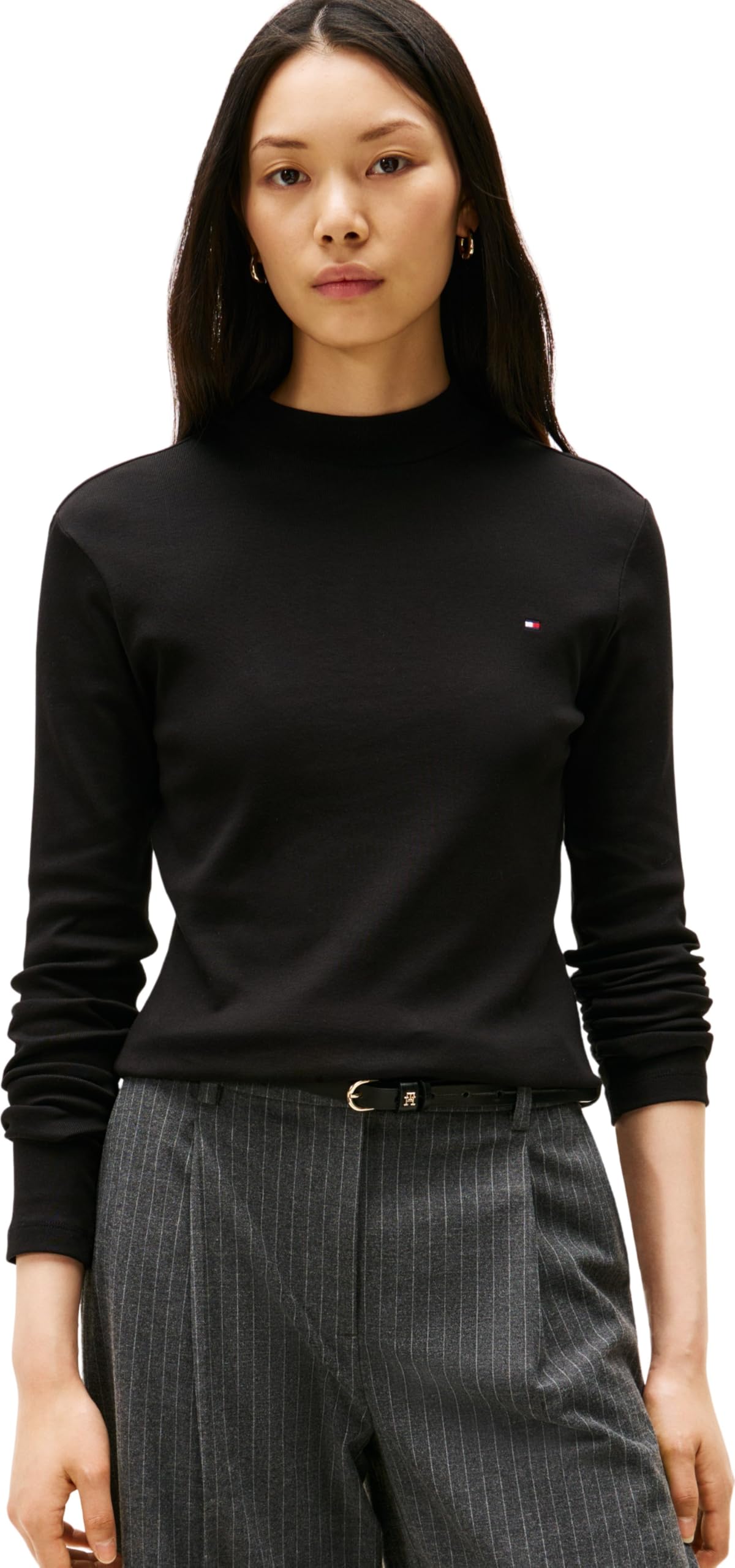 Tommy Hilfiger Women’s Slim Cody Mock Neck Long Sleeve Top, Black (Black), XXS