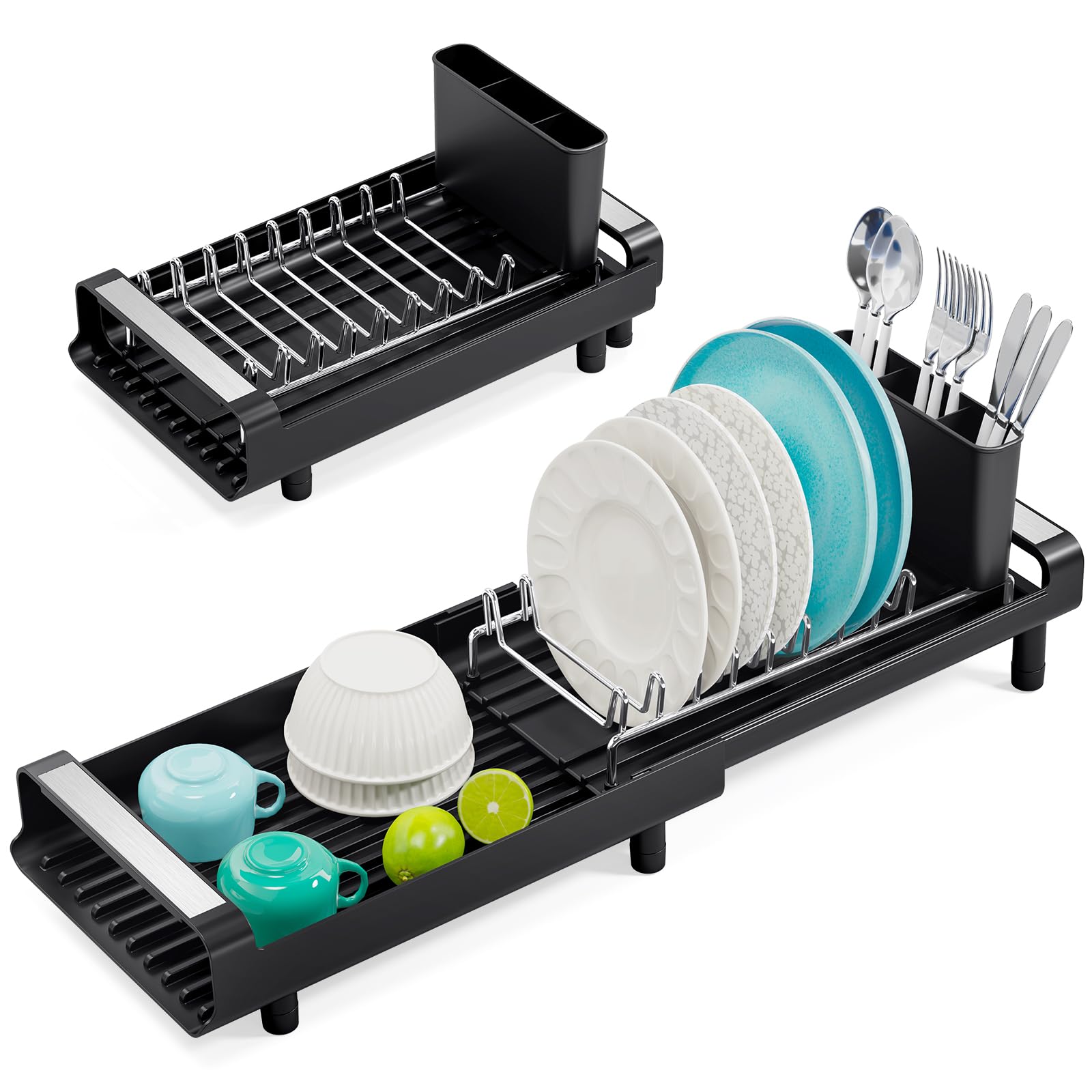Small Dish Drainer, Expandable Dish Drainer Rack, Dish Rack With Removable Cutlery Holder, Anti Rust Small Sink Drainer, Expandable Draining Board Rack For Kitchen Counter, Black