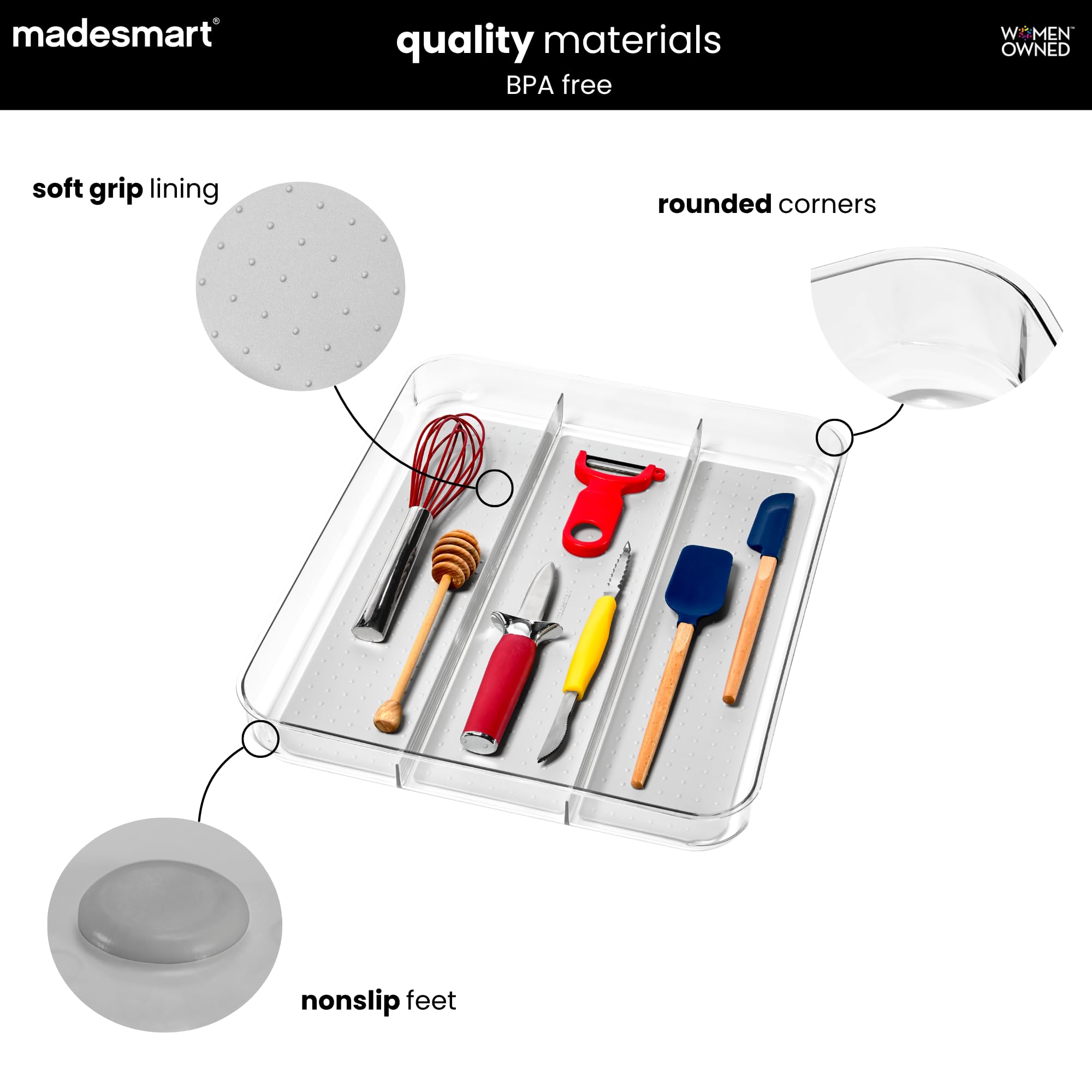 Madesmart - Bandeja para utensilios (tamaño grande), color gris claro | Colección de agarre suave transparente | 3 compartimentos | Forro de agarre suave | Patas antideslizantes | Sin BPA