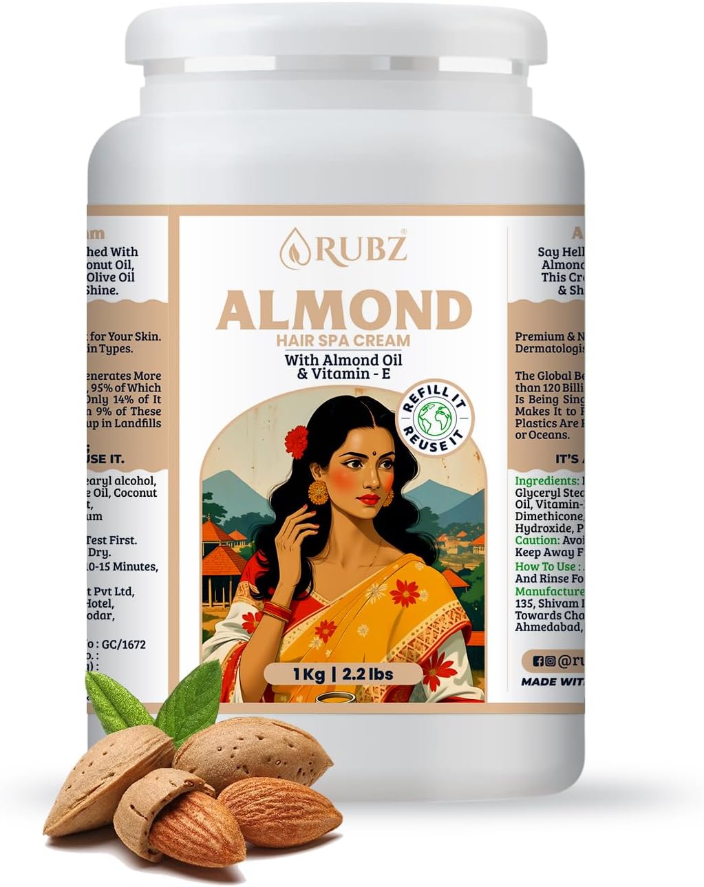Rubz Almond Hair Spa Cream With Almond Oil | Moisturizing Hair Mask For Dry & Damaged Hair | Natural Shine & Softness | Non Sticky | Suitable For All Hair Types | 1 kg