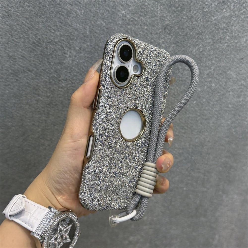 Etui z błyszczącymi diamentami i kryształkami do iPhone'a 12 13 14 15 16 Pro Max Plus, błyszczące, wstrząsoodporne, z paskiem na nadgarstek i osłoną na przewód, srebrne, do iPhone'a 16 Pro