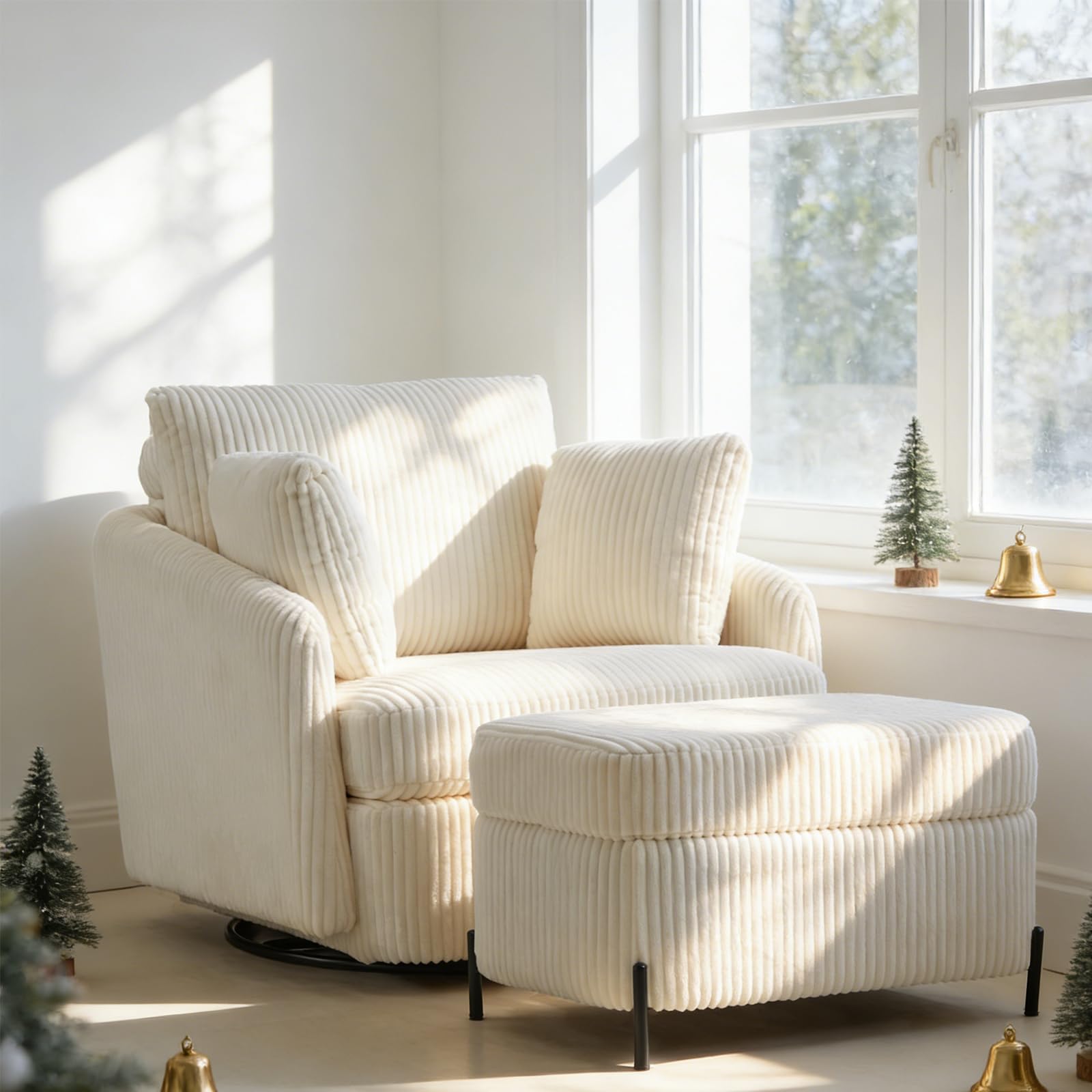 Chifee & Vingol 40.6" Oversized Swivel Accent Chair with Ottoman,Corduroy,Ivory