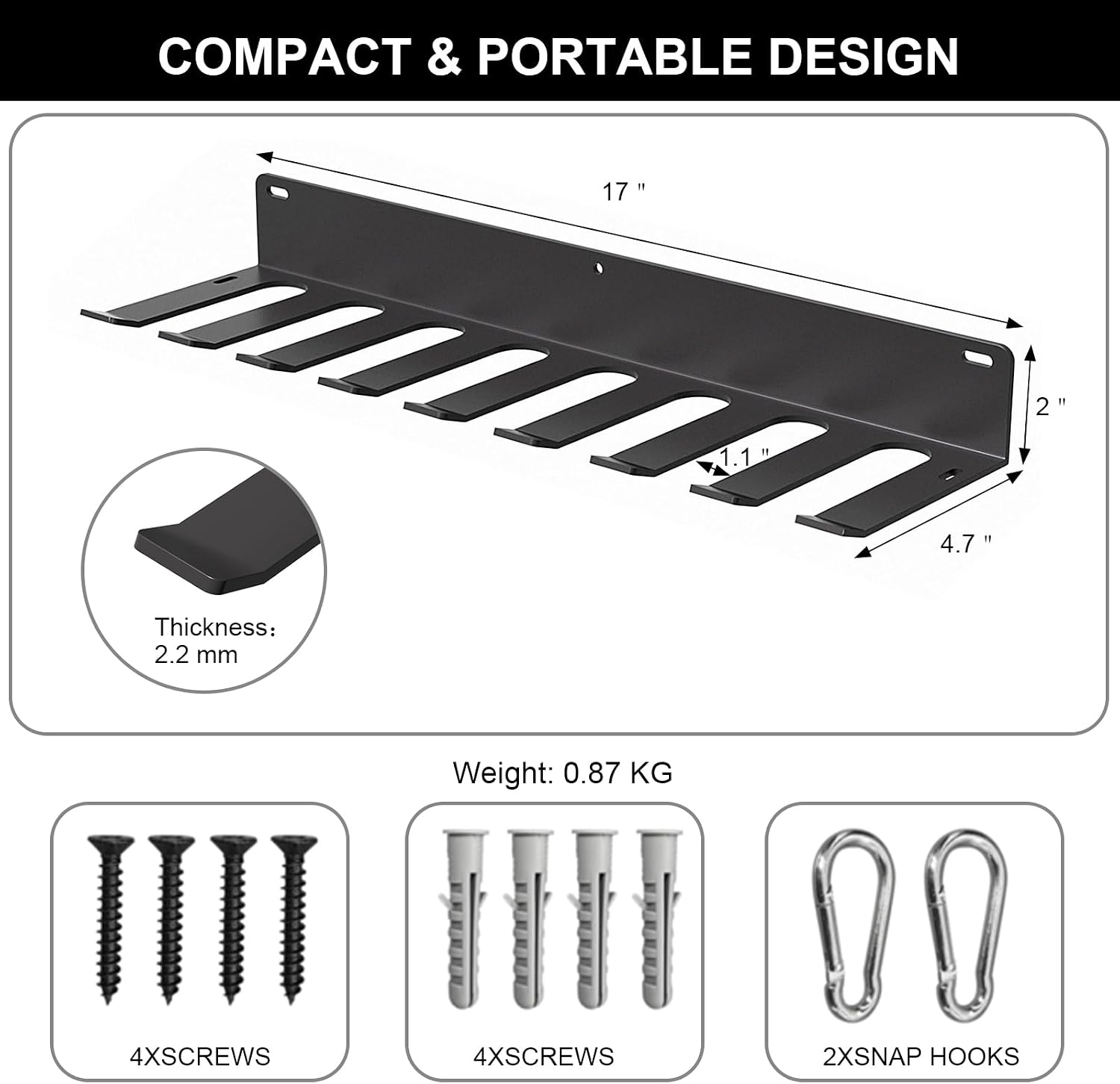 17 Inch Baseball Bat Rack Wall Mount, 16-Bat Holder, Black, 1 Pack | Wall or dugout fence storage for 16 baseball and softball bats, with 3 screws, 3 anchors and 2 snap hooks