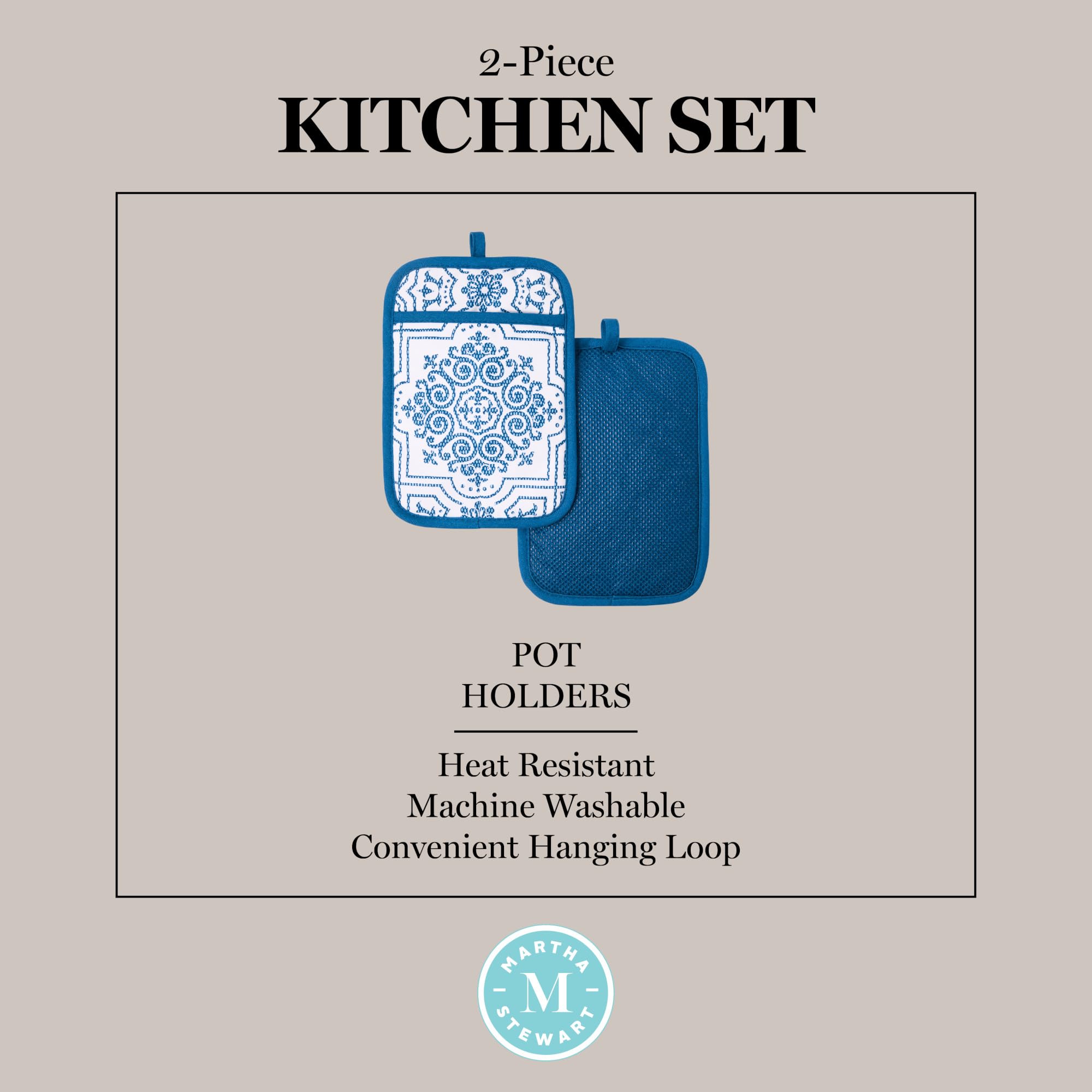 MARTHA STEWART Strie Medallion - Set di 2 presine resistenti al calore, antiscivolo, in silicone, blu navy, 17,8 x 25,4 cm