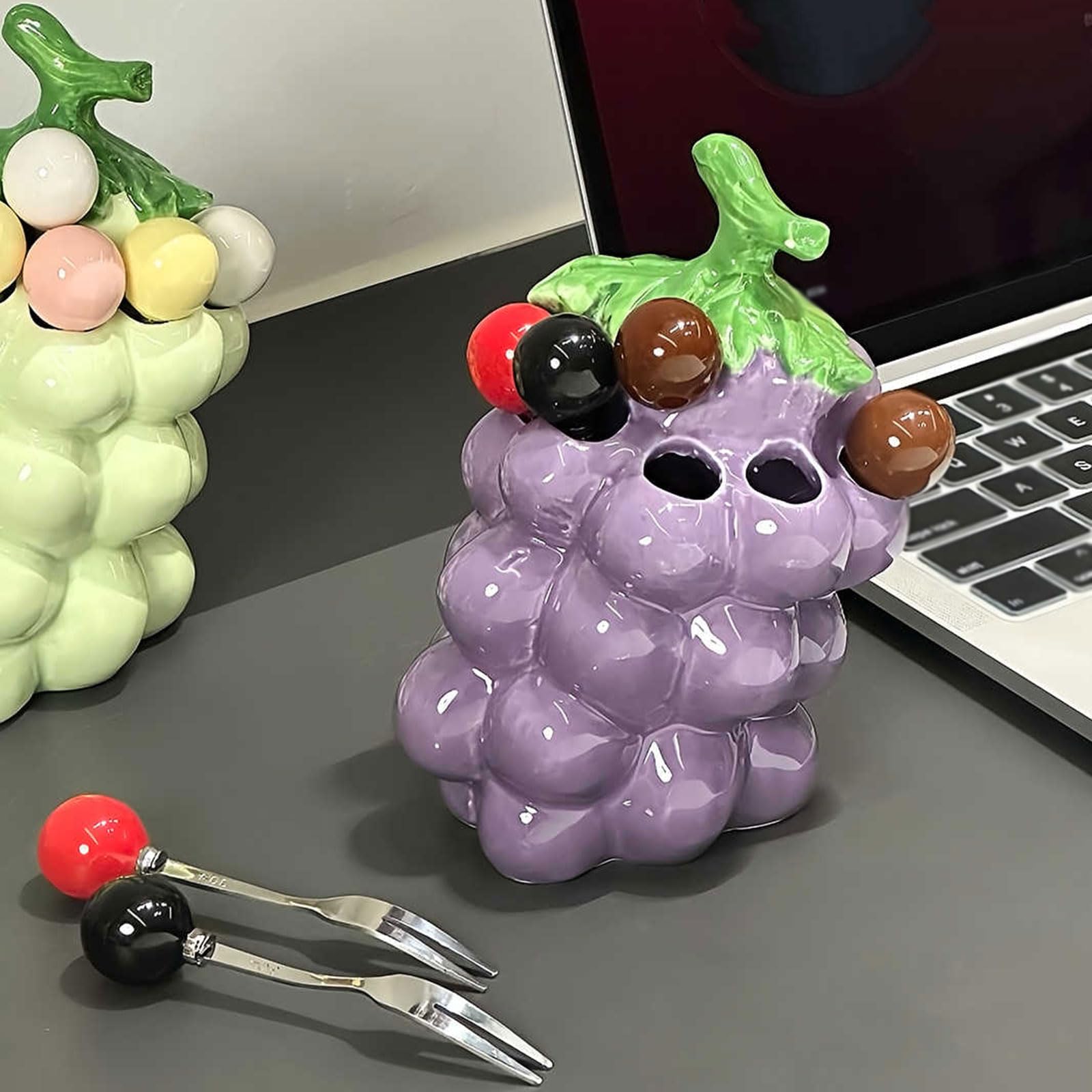 Fourchettes à Fruits fourchettes à Salade en Acier Inoxydable avec Organisateur en céramique en Forme de Raisin, Utilisation répétée de fourchettes à Fruits pour décorer
