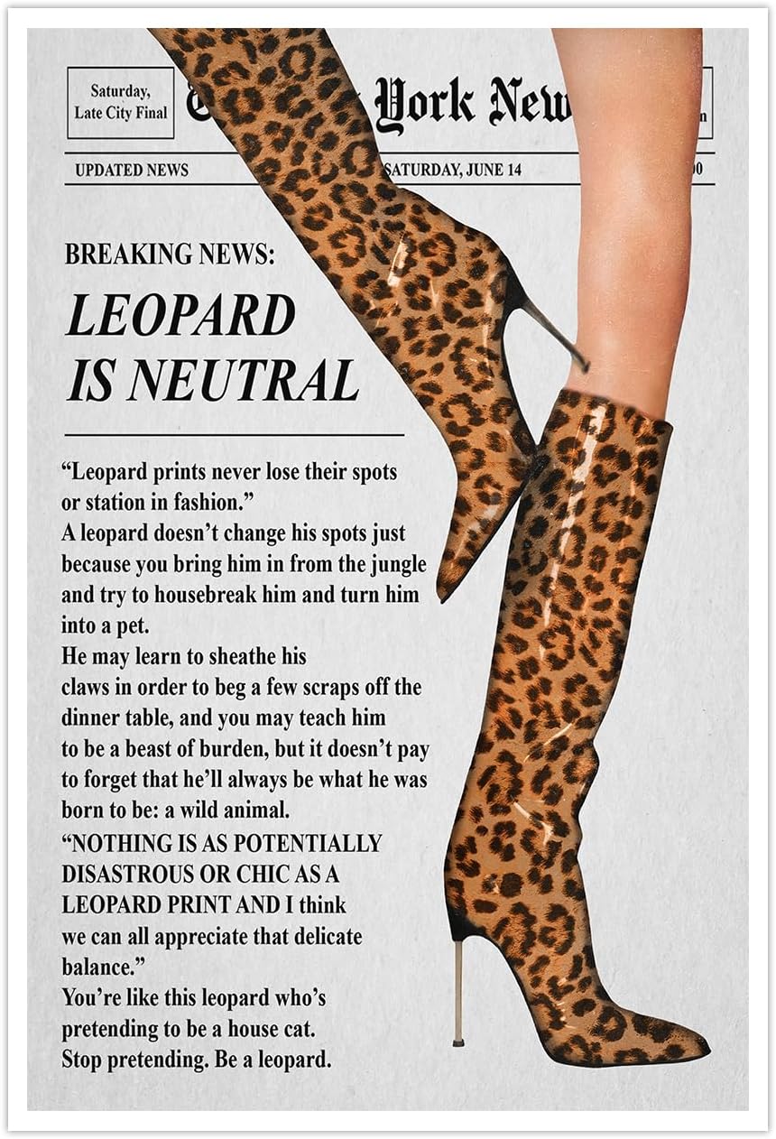 Arte de pared de periódico de moda, botas de leopardo vintage, póster feminista, decoración de carrito de bar, impresiones en lienzo Funky Hot Girl