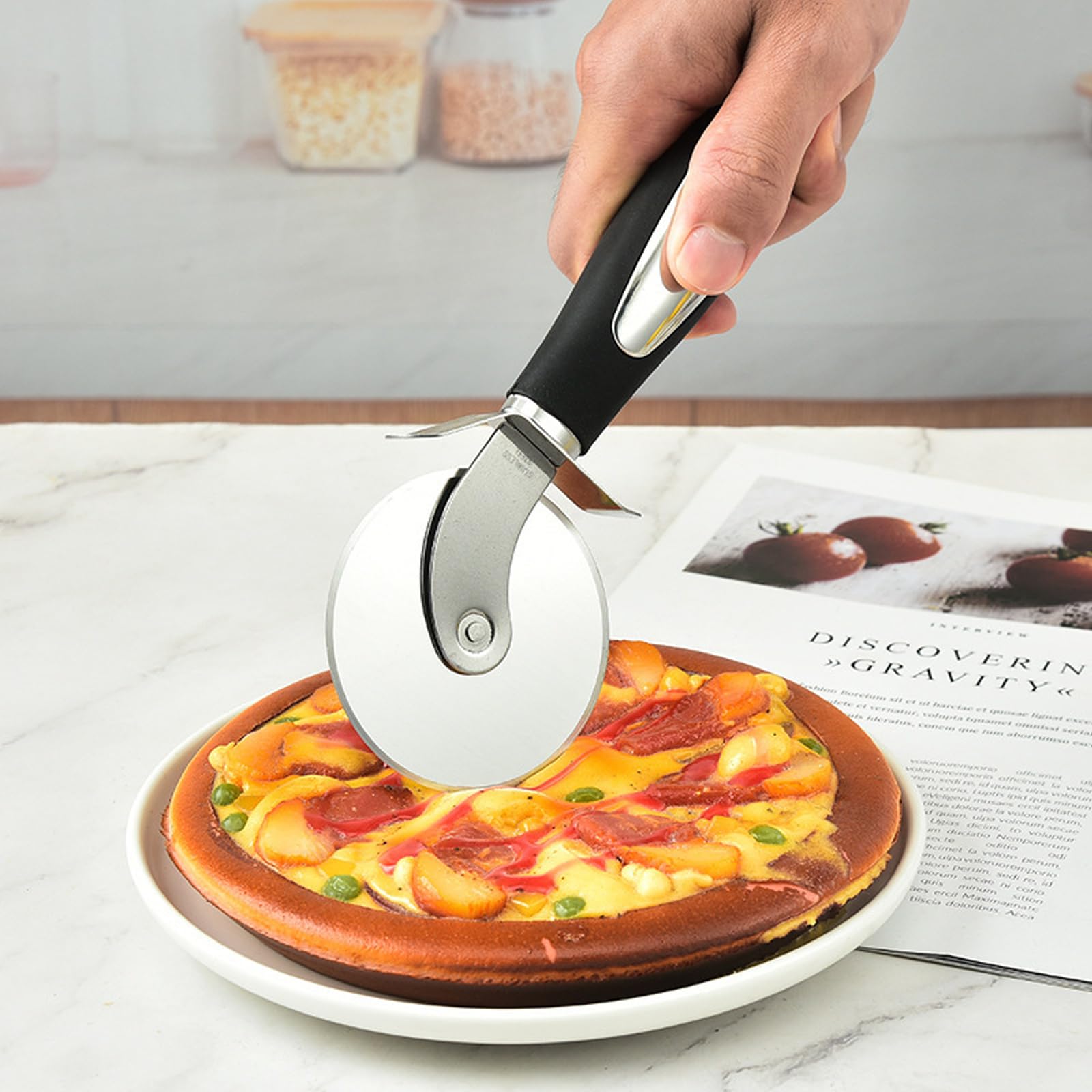 Rueda Cortador Pizza de Acero Inoxidable, Corta Pizza Multifuncional, Cortador de Pizza Profesional de 8.3 pulgadas con Mango Antideslizante | Negro