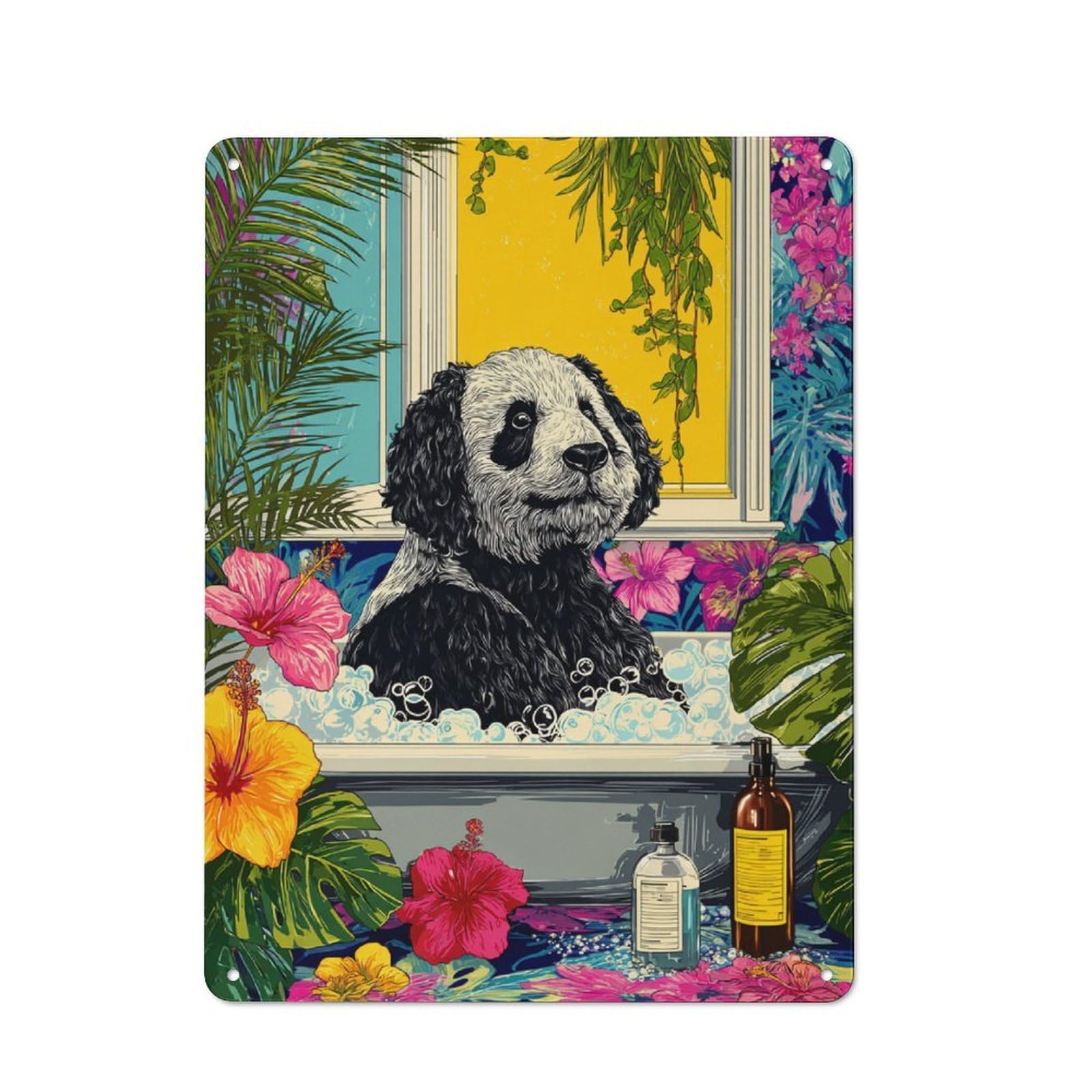 Junmoney Panda In Bubble Bath With Tropical Flowers Metal Wall Plaque With Design 40X30cm, Retro Small Space Decor For Flat, Dorm Room, Lounge Or Cafe