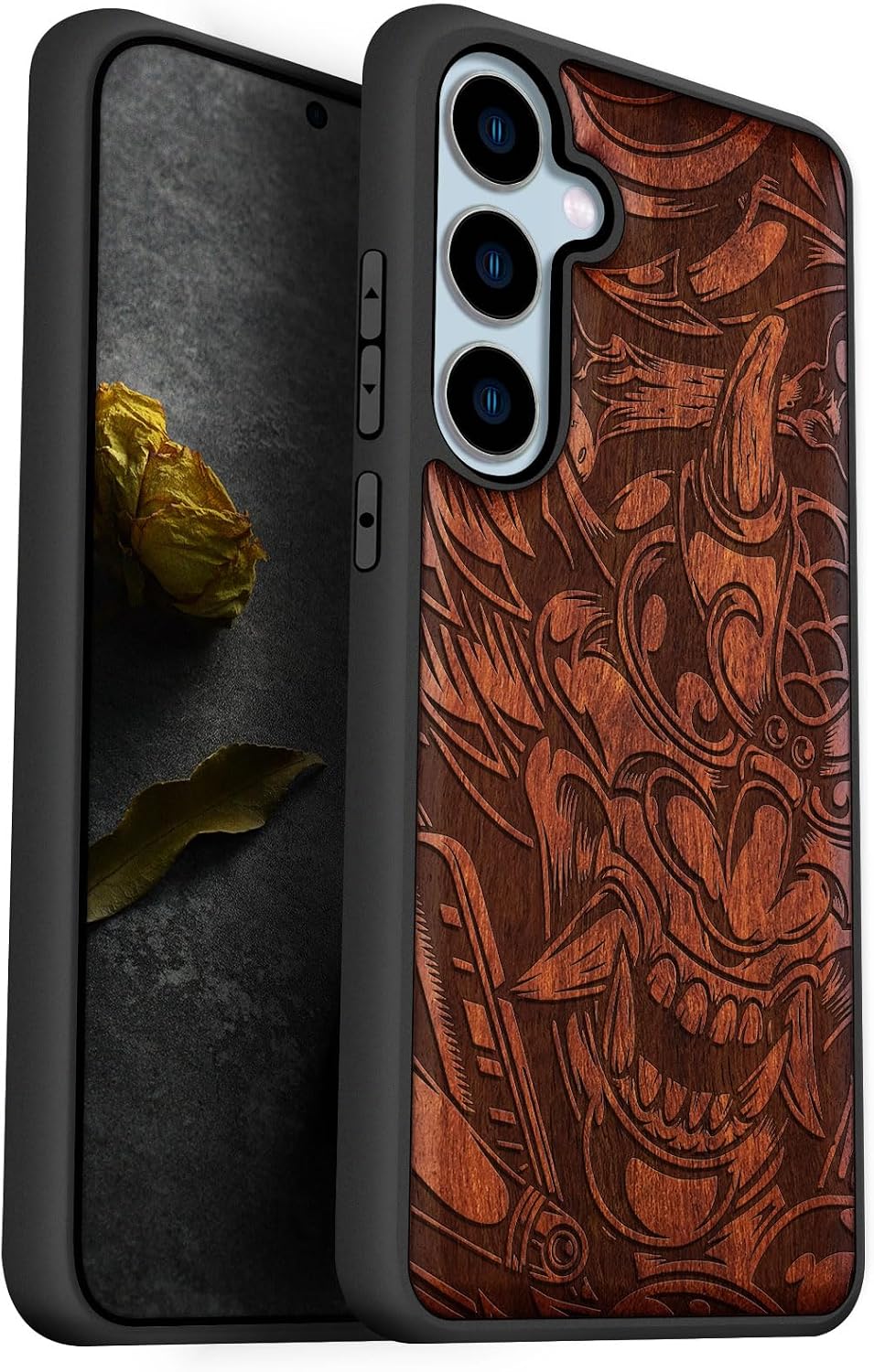 Carveit Wood Case for Galaxy S24 Case [Natural Wood & Black Soft TPU] Shockproof Protective Cover Unique Wooden Design Compatible with Samsung S24 (Devil's Fury-Rosy)