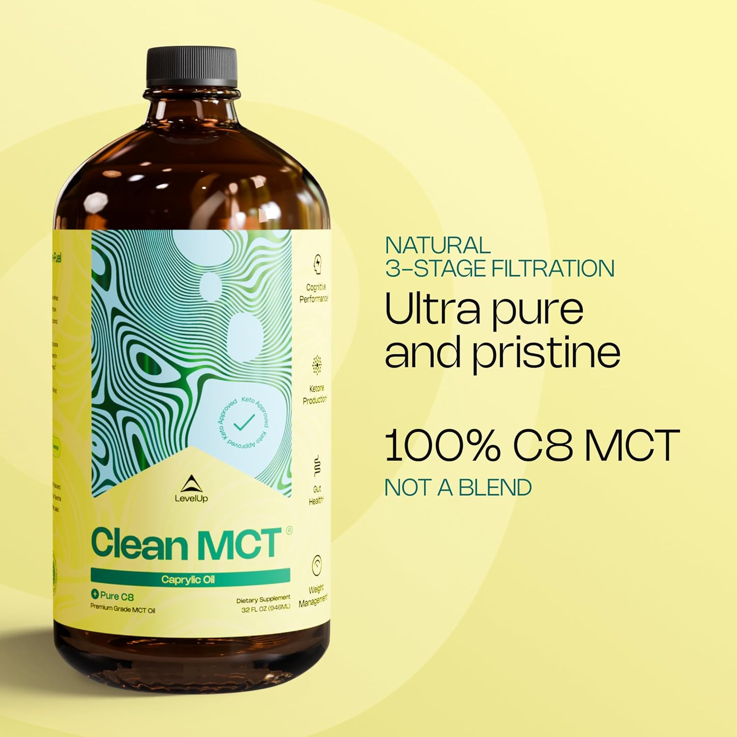 LevelUp Clean MCT Oil - 100% Caprylic C8 for Energy, Focus, Gut Health, Brain Superfuel - Keto Supplement for Ketogenic Coffee and Ketones - Non-GMO (32 oz Glass Bottle) - Image 4