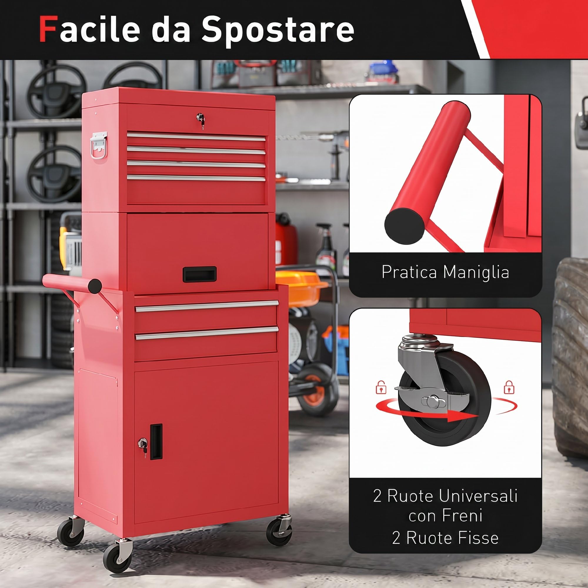HOMCOM Carrello Porta Attrezzi in Acciaio con Serratura, 3 in 1 Carrello Portautensili da Officina con 6 Cassetti, 2 Armadi, Pannello Forato, Ruote, Maniglia, Capacità 100kg, Rosso